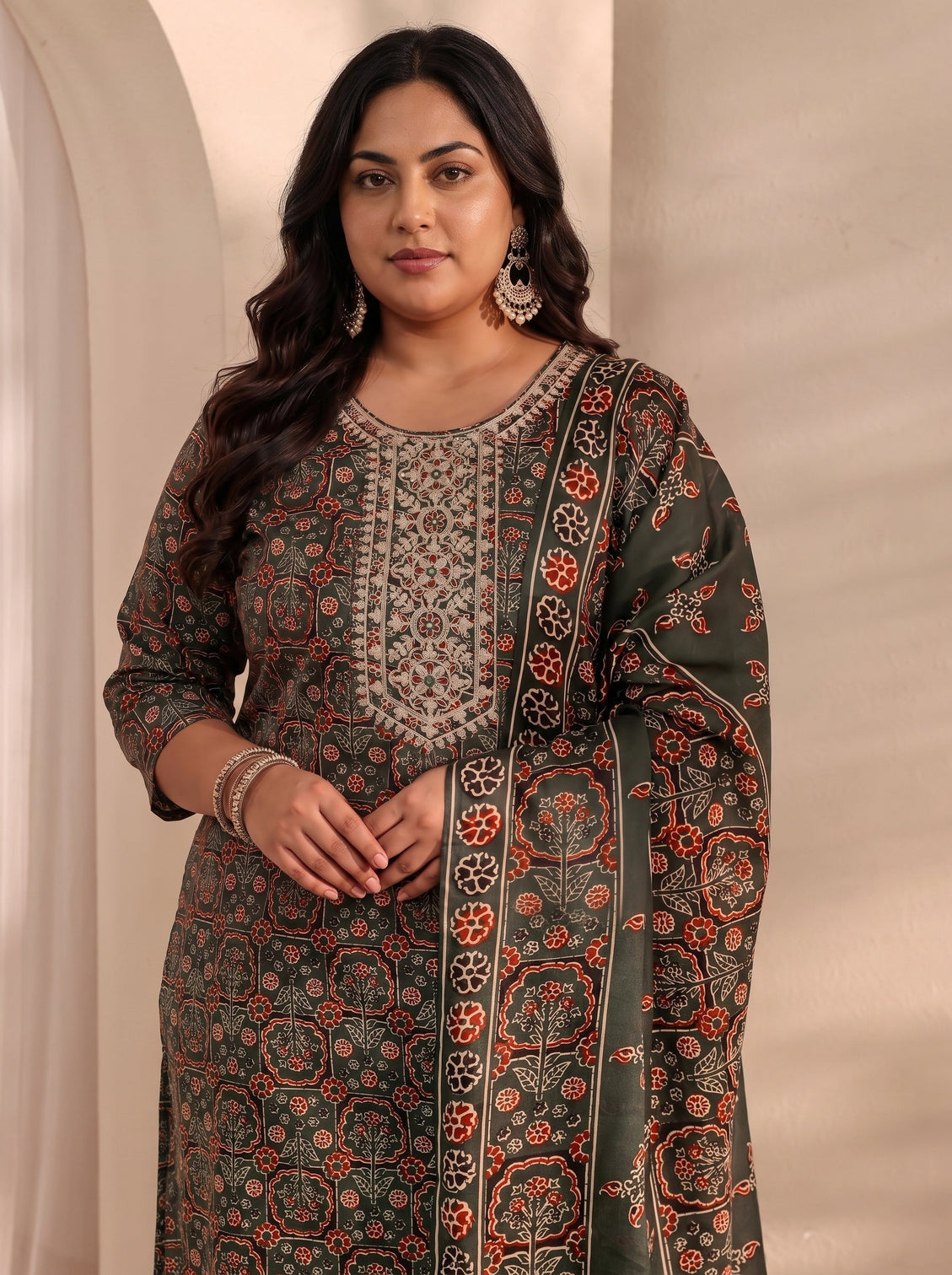 Plus Size Green Ajrak Printed Cotton Blend Straight Suit Set With Dupatta