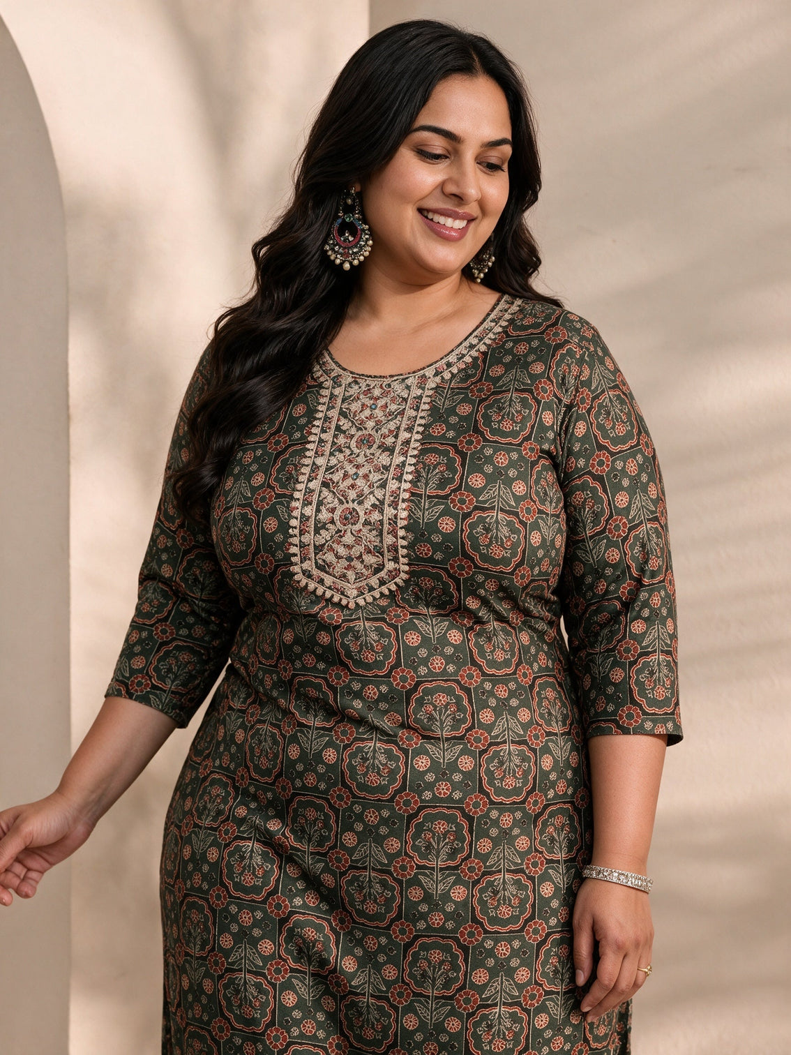 Plus Size Green Ajrak Printed Cotton Blend Straight Suit Set With Dupatta