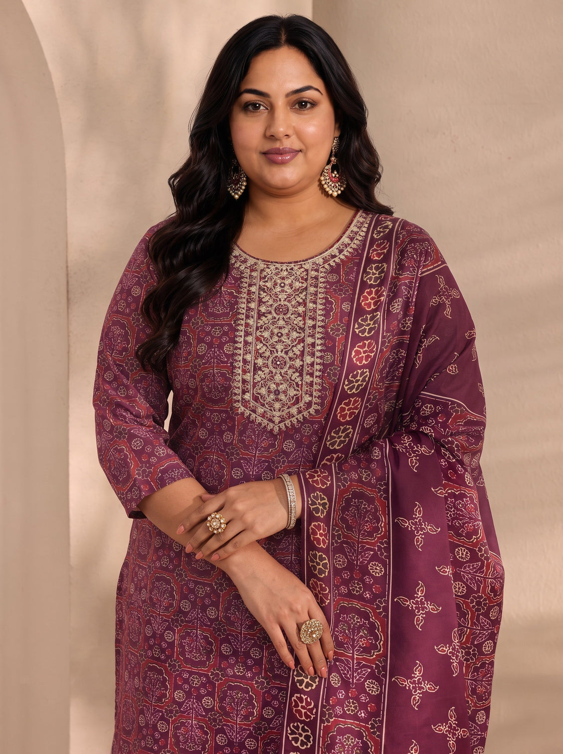 Plus Size Burgundy Ajrak Printed Cotton Blend Straight Suit Set With Dupatta