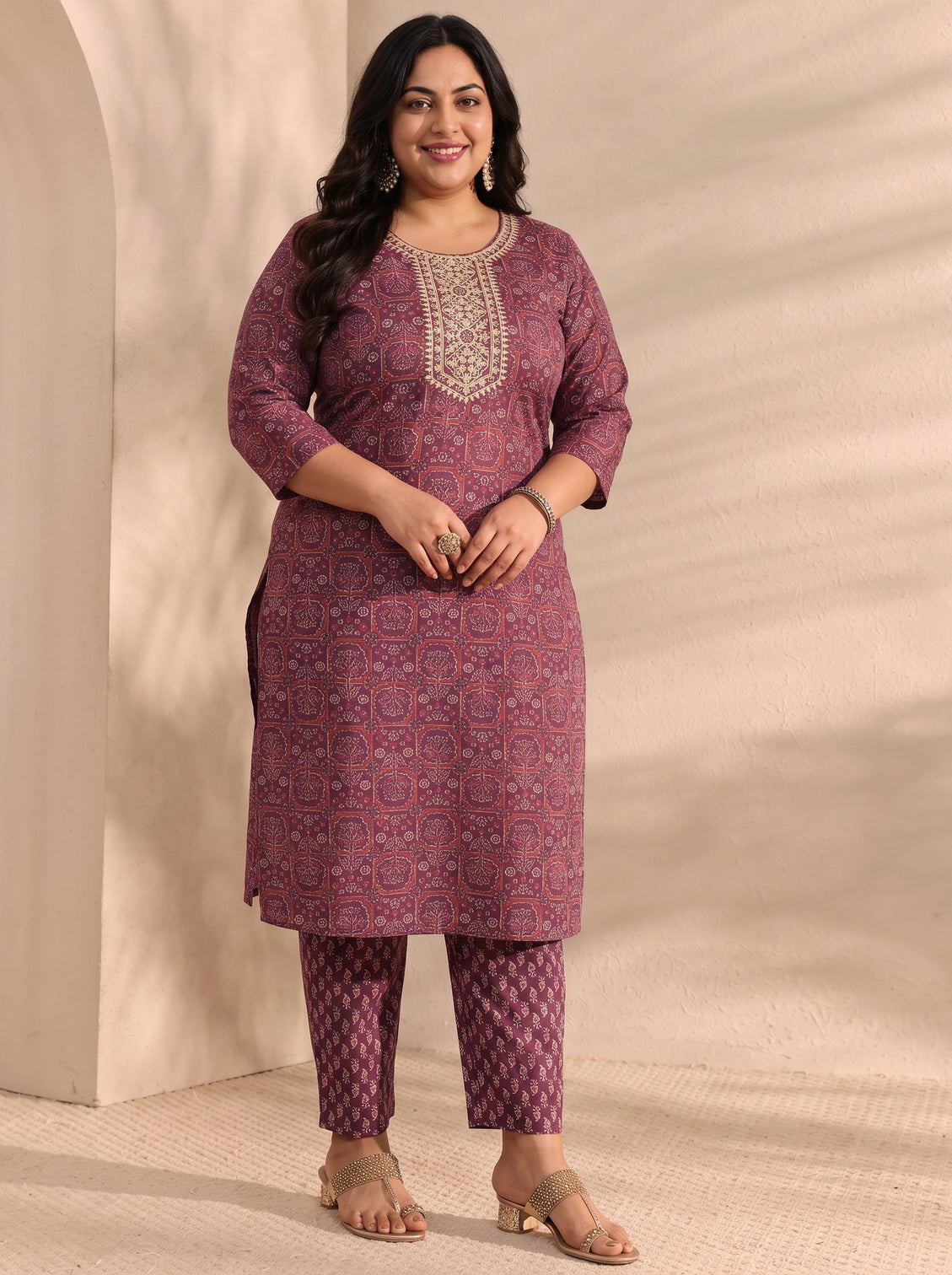 Plus Size Burgundy Ajrak Printed Cotton Blend Straight Suit Set With Dupatta