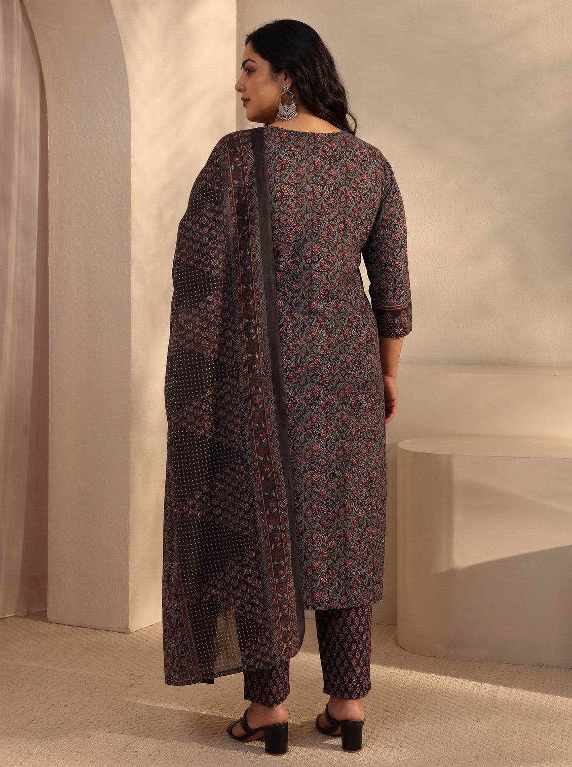 Plus Size Black Floral Printed Cotton Straight Suits Set With Dupatta
