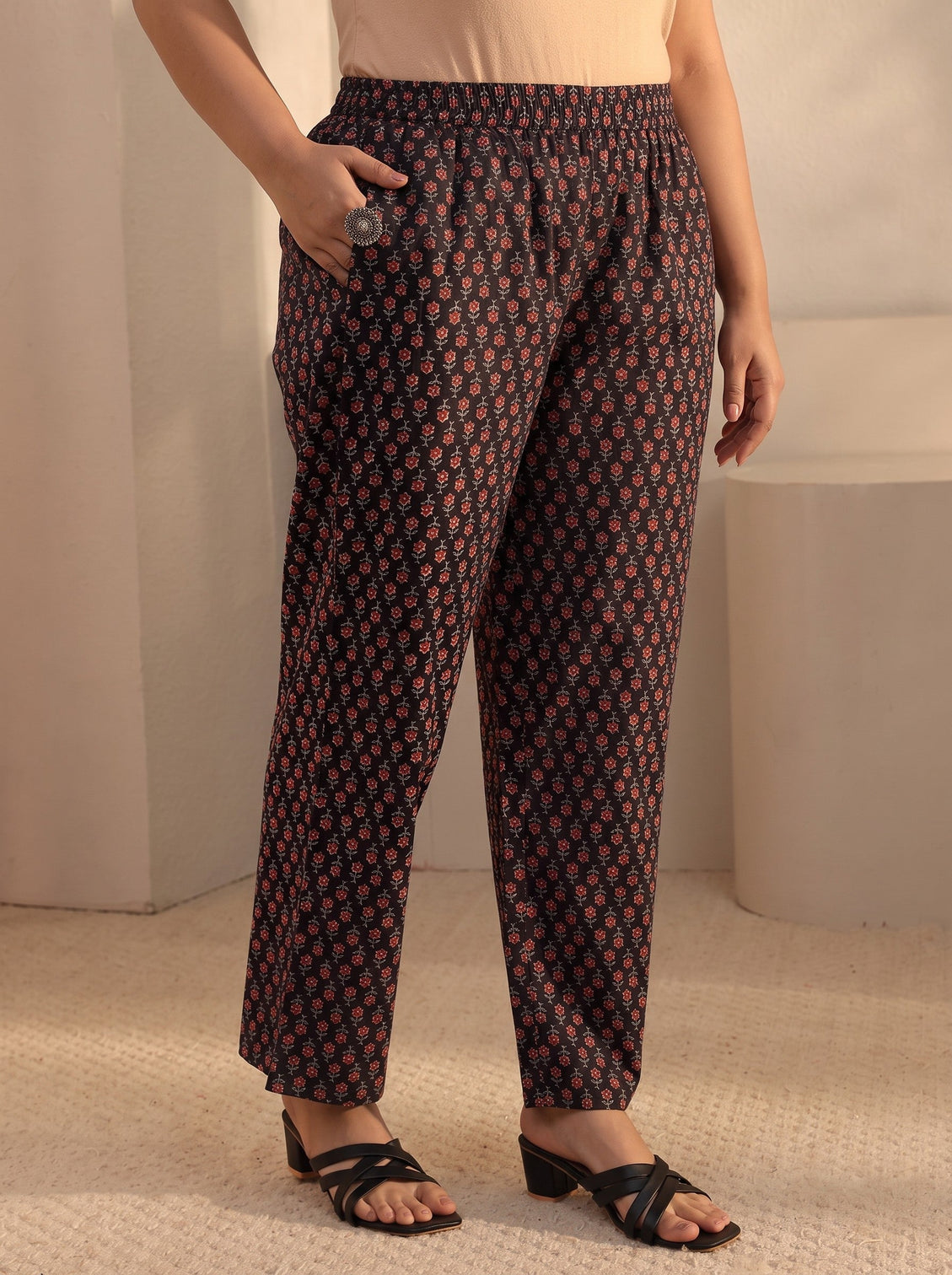 Plus Size Black Floral Printed Cotton Straight Suits Set With Dupatta