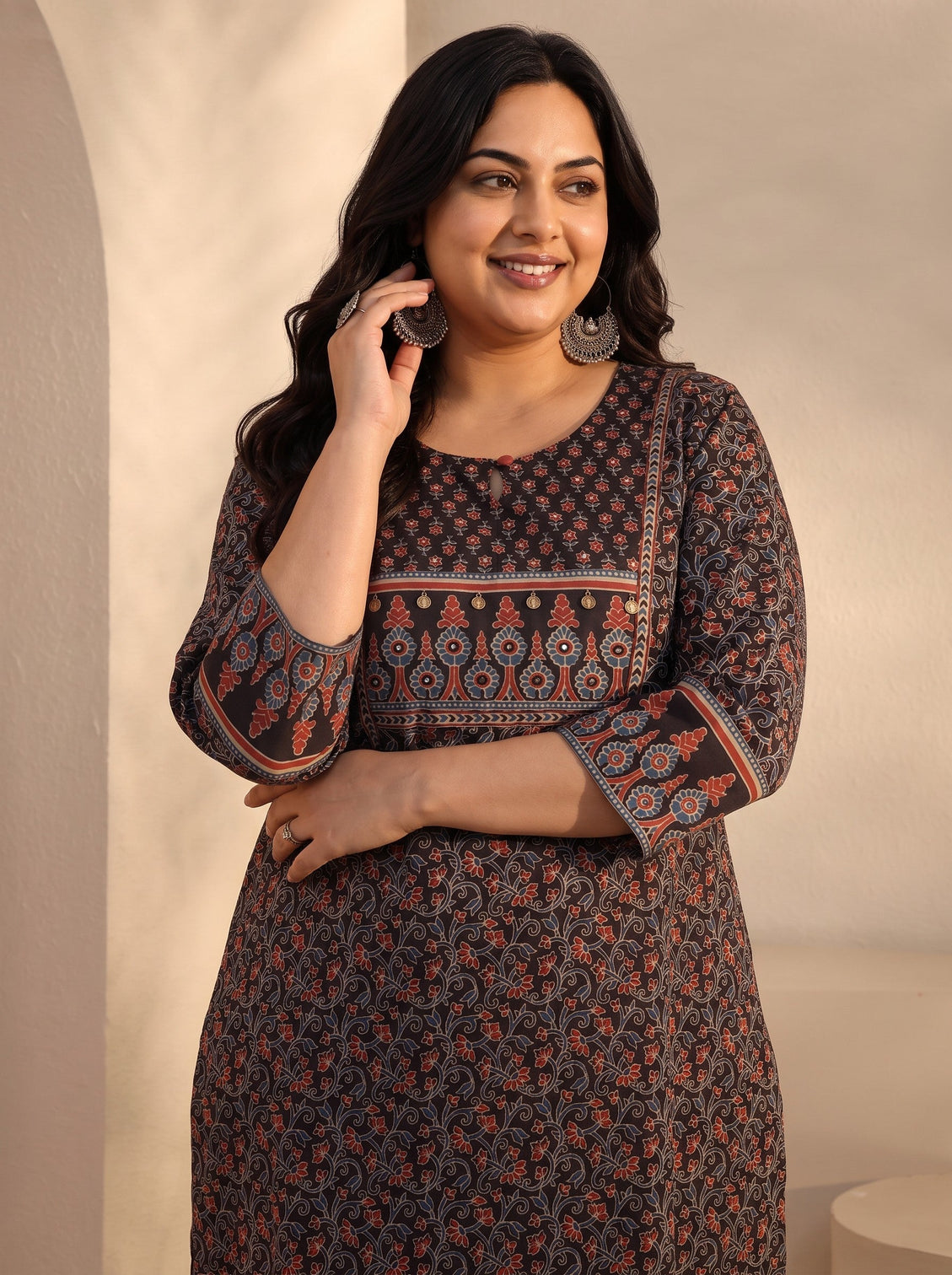 Plus Size Black Floral Printed Cotton Straight Suits Set With Dupatta
