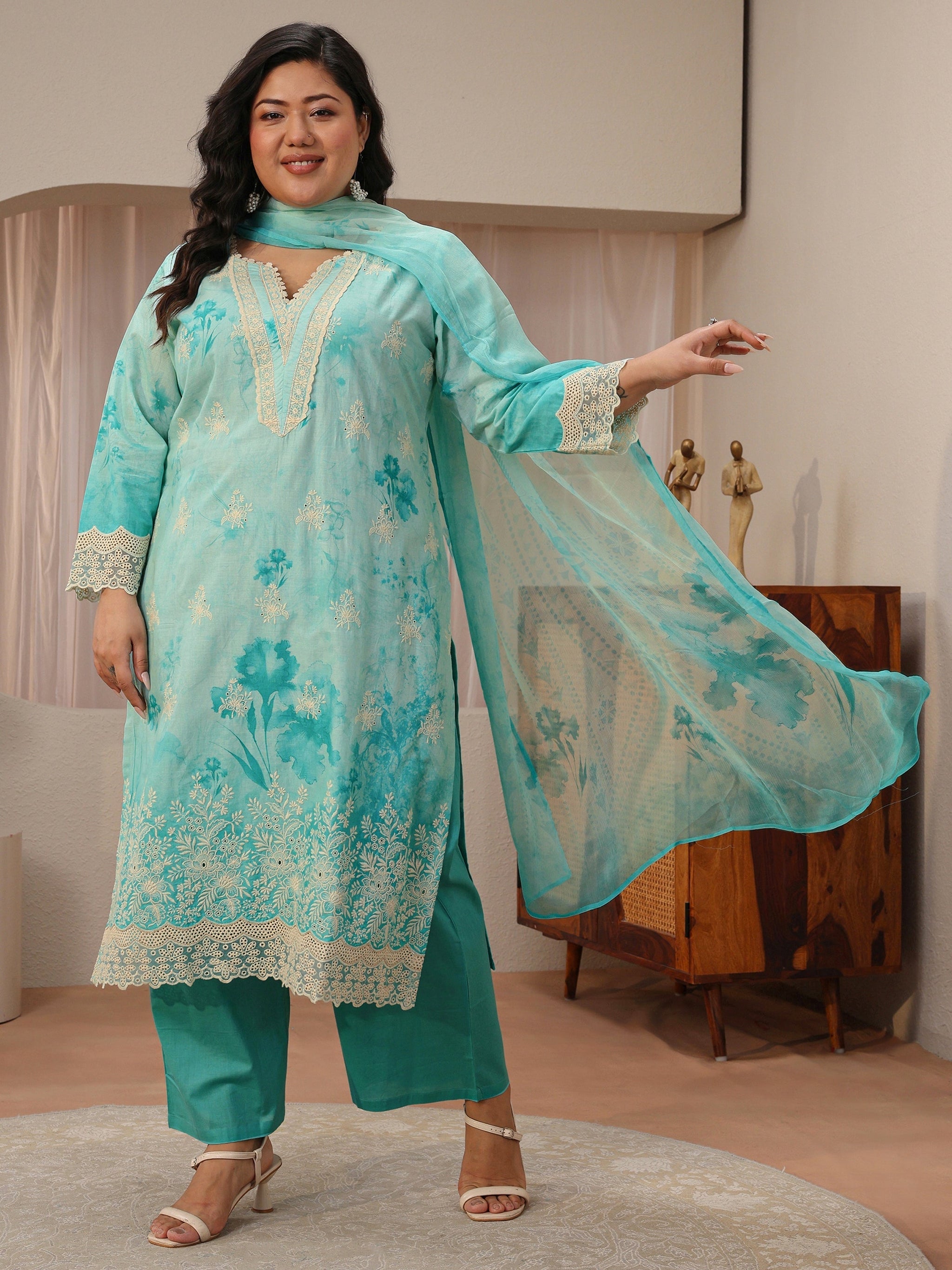 Plus Size Sky Blue Schiffli Embroidered Cotton Suit Set
