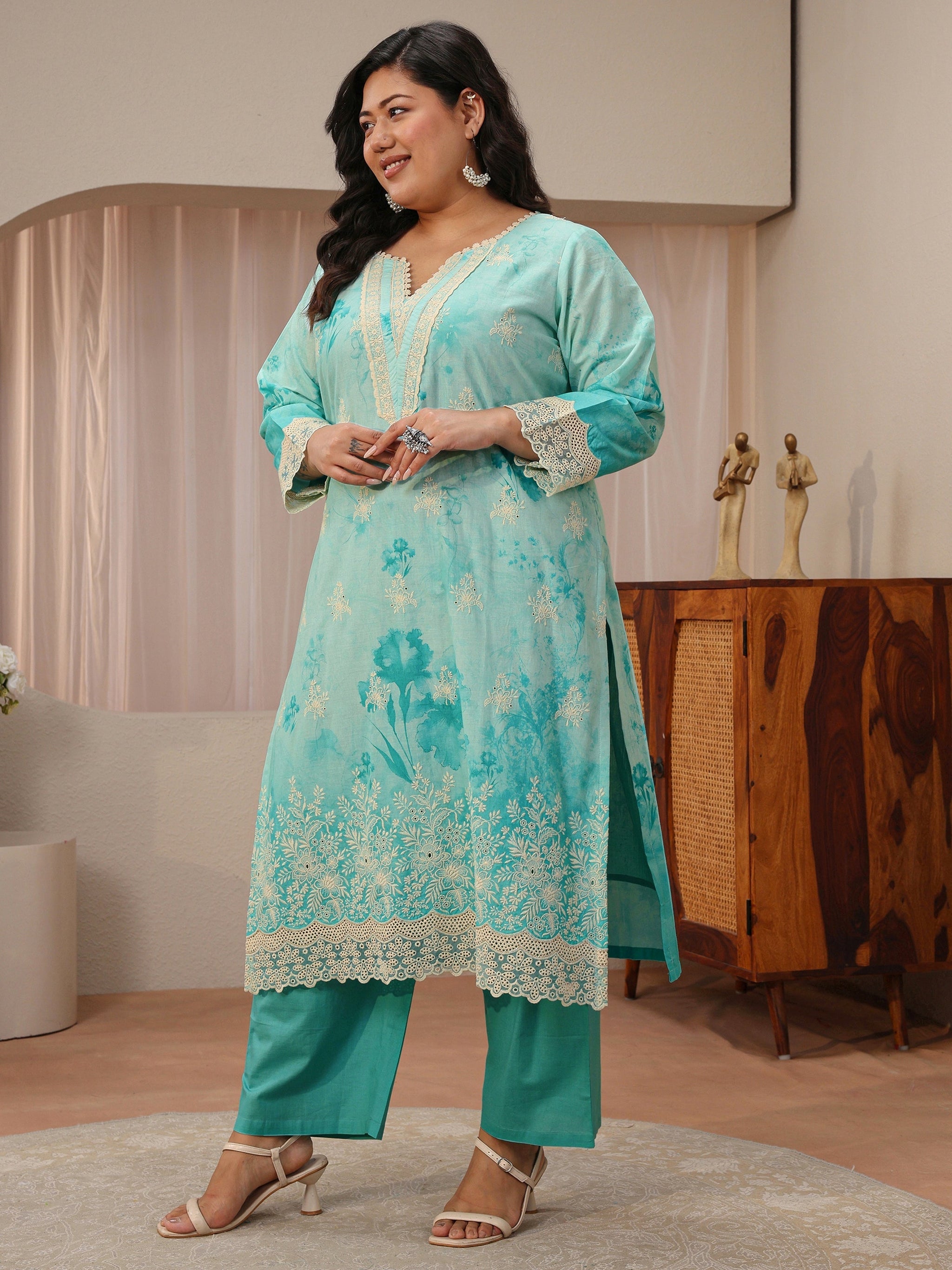 Plus Size Sky Blue Schiffli Embroidered Cotton Suit Set