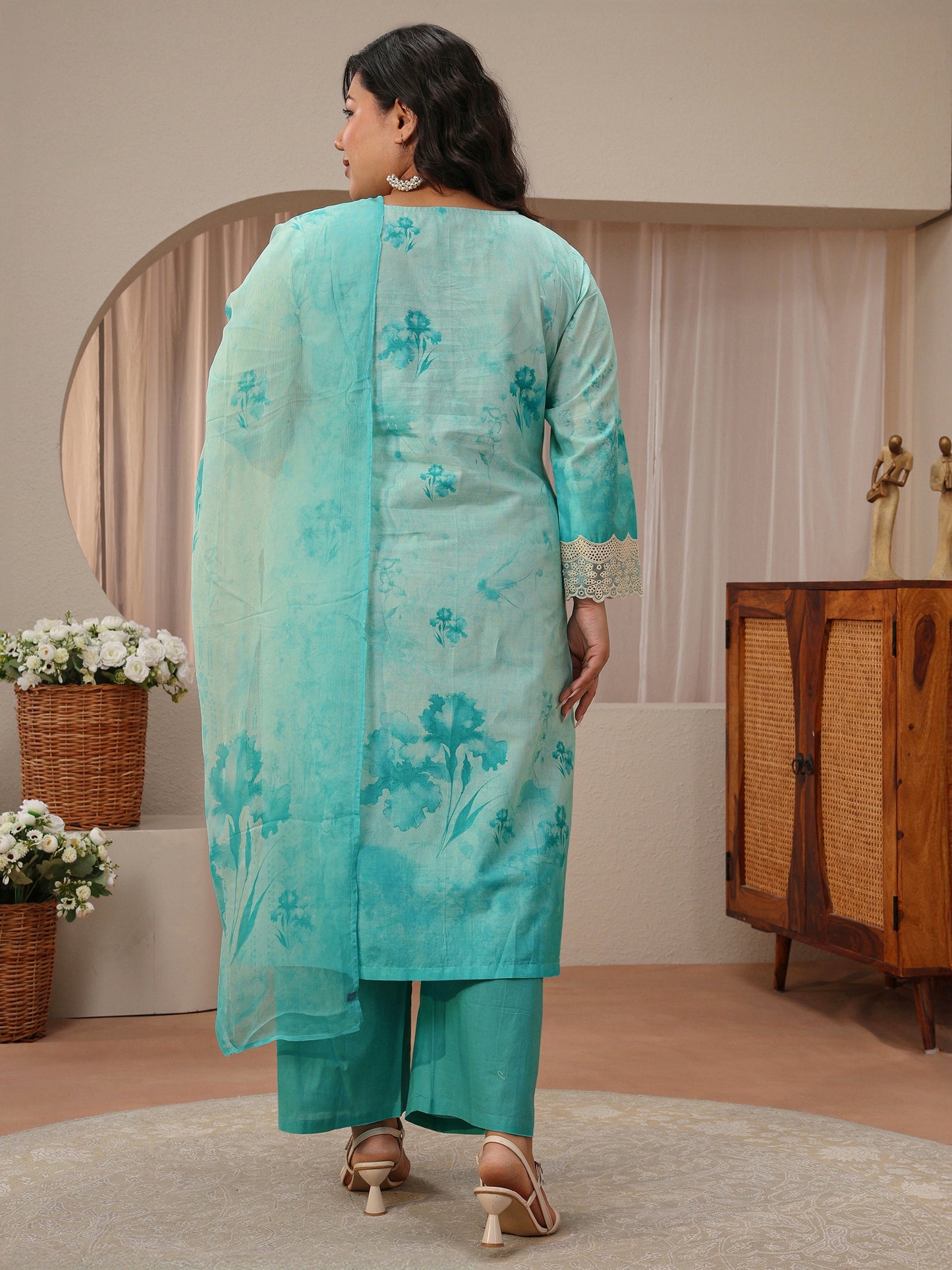 Plus Size Sky Blue Schiffli Embroidered Cotton Suit Set