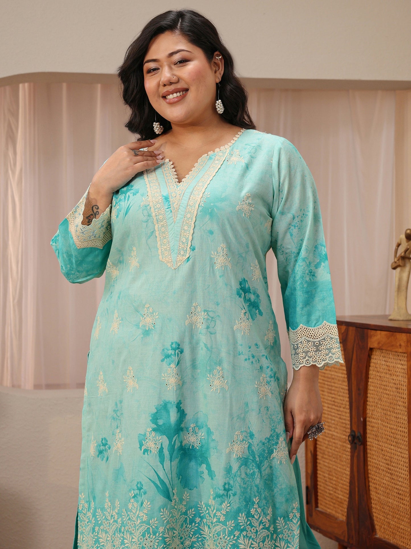 Plus Size Sky Blue Schiffli Embroidered Cotton Suit Set