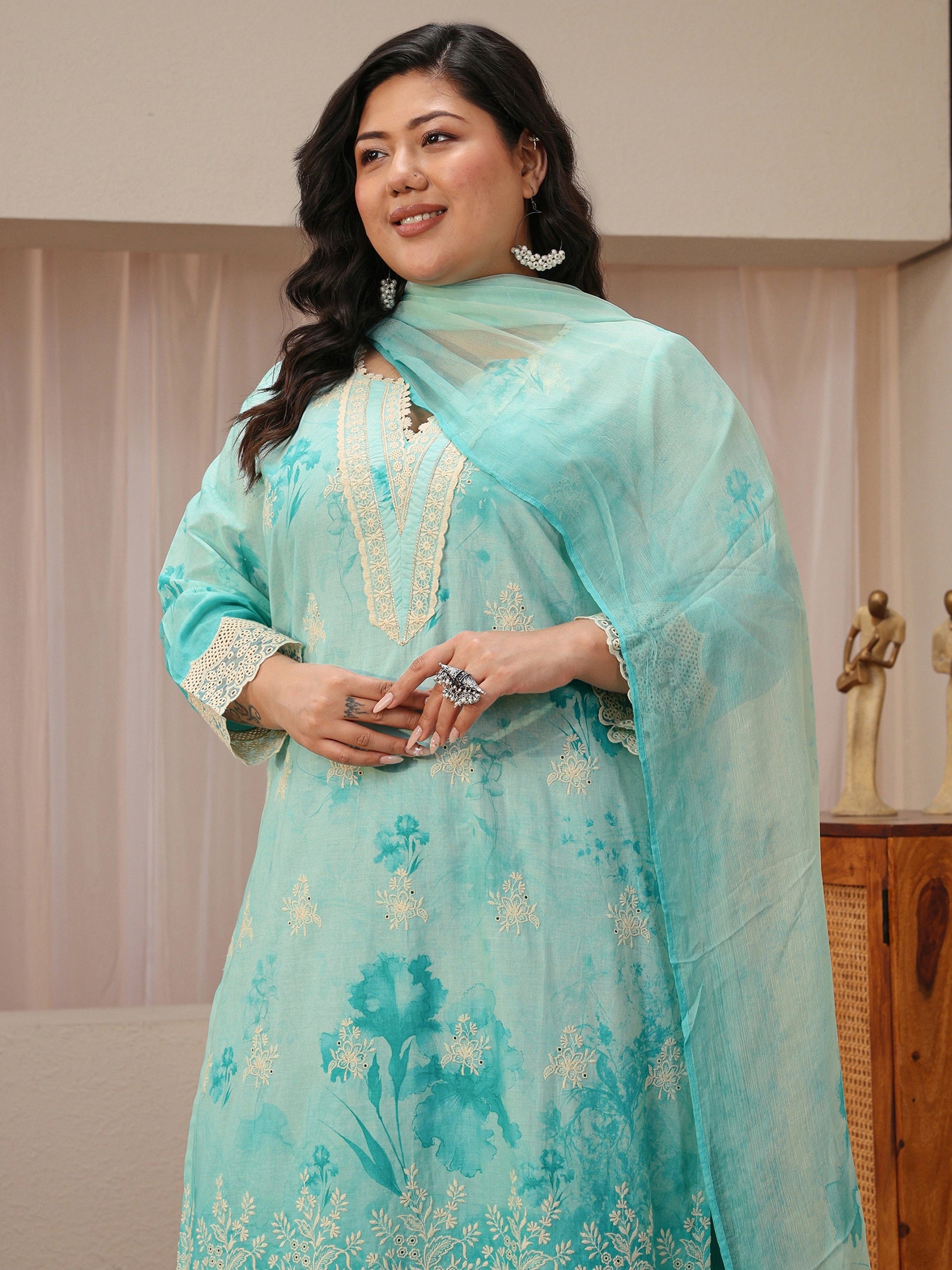 Plus Size Sky Blue Schiffli Embroidered Cotton Suit Set