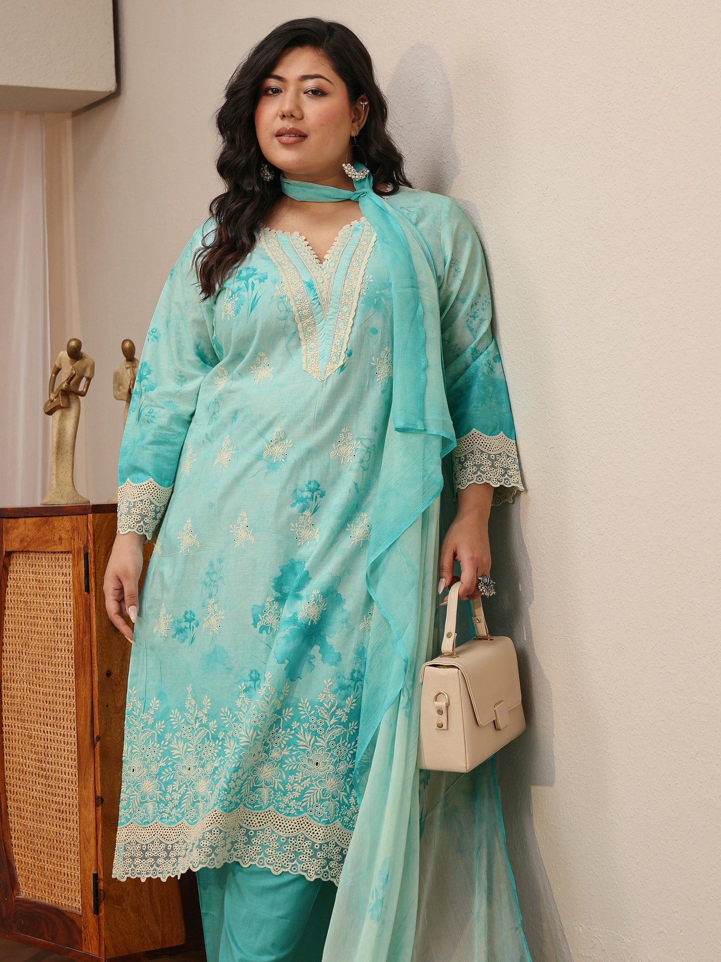 Plus Size Sky Blue Schiffli Embroidered Cotton Suit Set