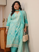 Plus Size Sky Blue Schiffli Embroidered Cotton Suit Set