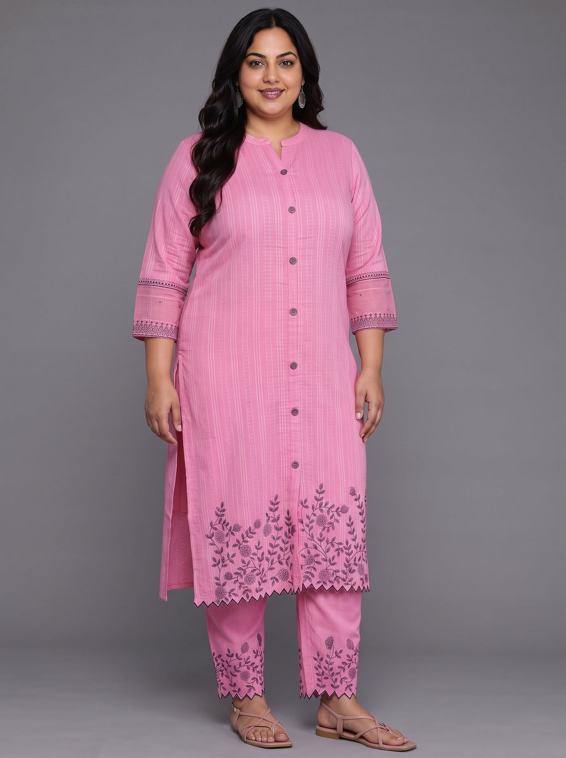 Plus Size Pink Woven Design Cotton Straight Suit With Dupatta