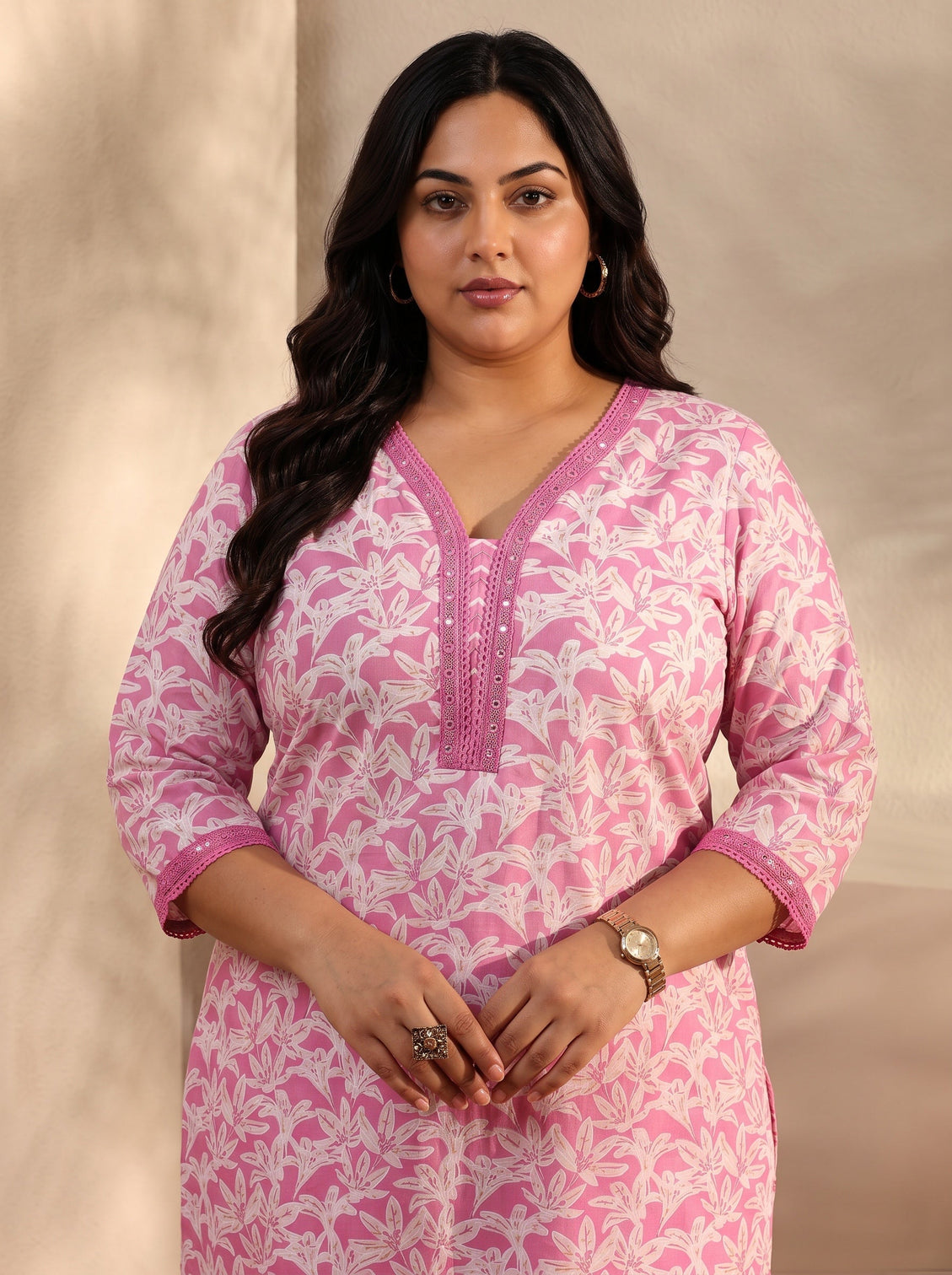 Plus Size Pink Floral Printed Cotton Straight Suit Set With Dupatta