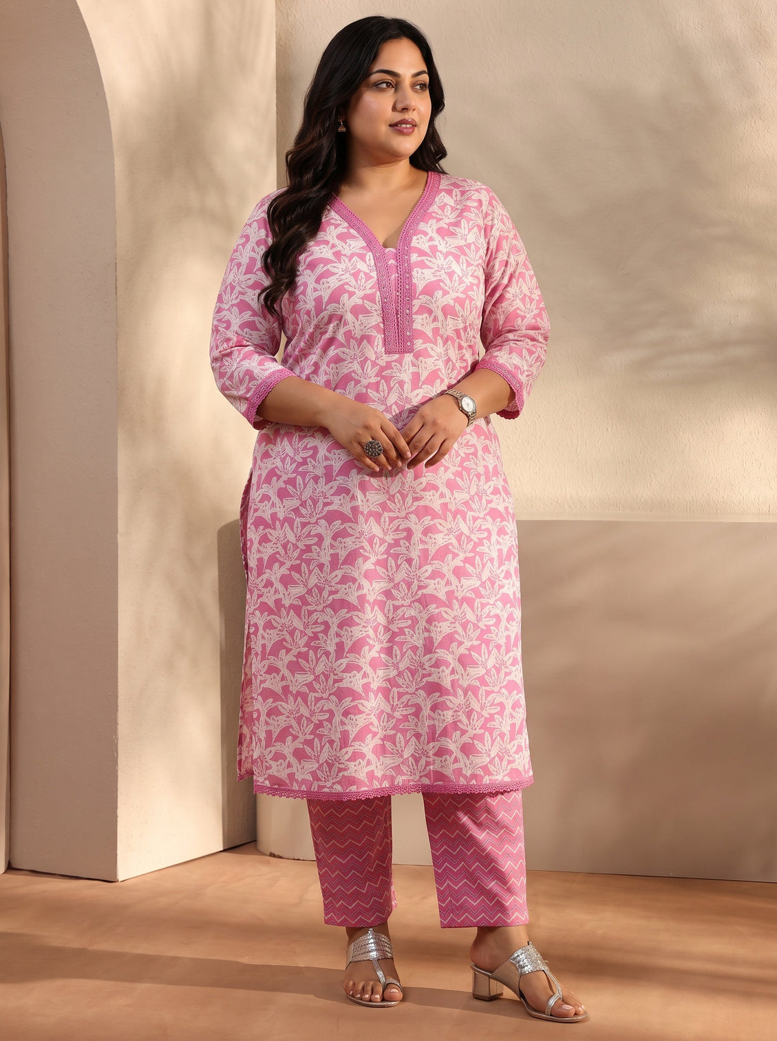 Plus Size Pink Floral Printed Cotton Straight Suit Set With Dupatta