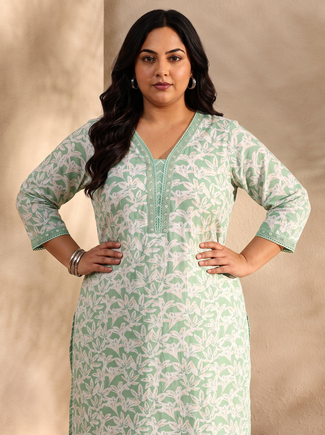 Plus Size Green Floral Printed Cotton Straight Suit Set With Dupatta