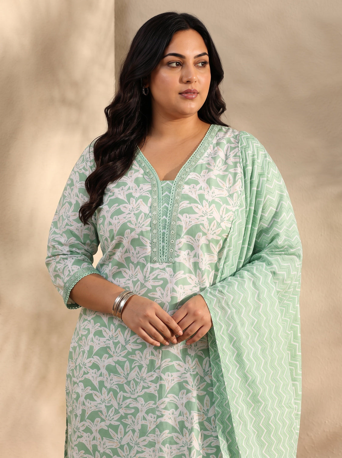 Plus Size Green Floral Printed Cotton Straight Suit Set With Dupatta