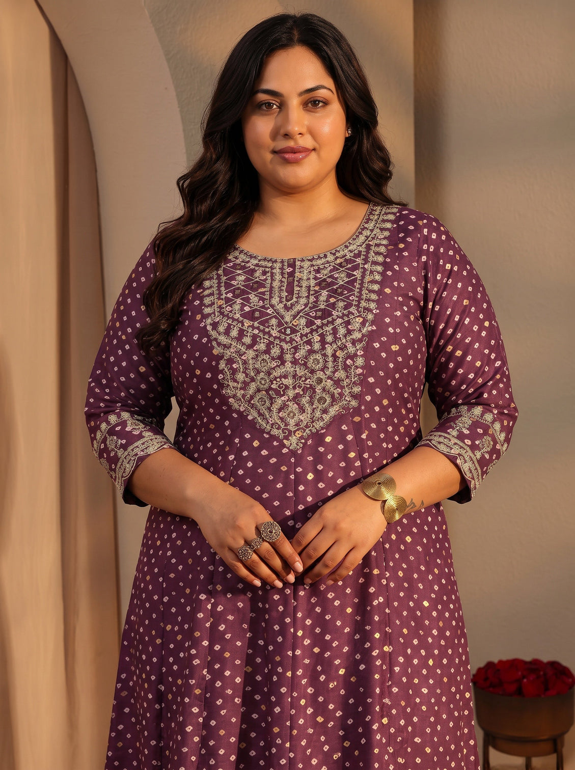 Plus Size Burgundy Bandhani Printed Silk Blend A-Line Suit Set With Dupatta