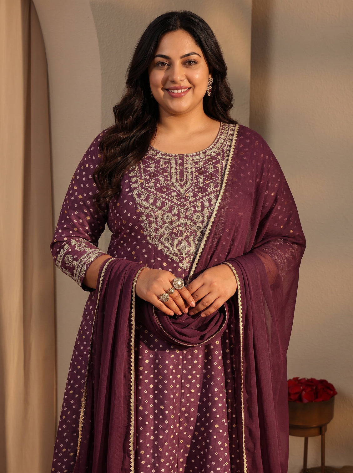 Plus Size Burgundy Bandhani Printed Silk Blend A-Line Suit Set With Dupatta