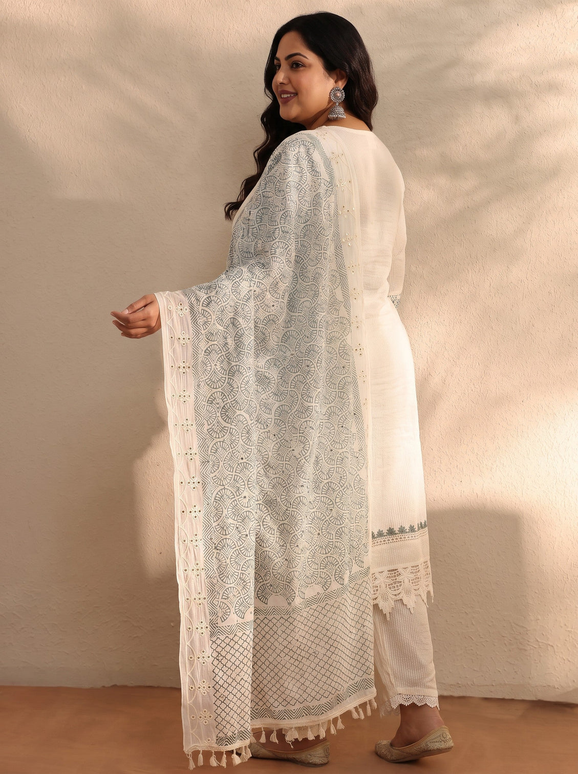 Plus Size White Self Design Cotton Blend Straight Kurta Set