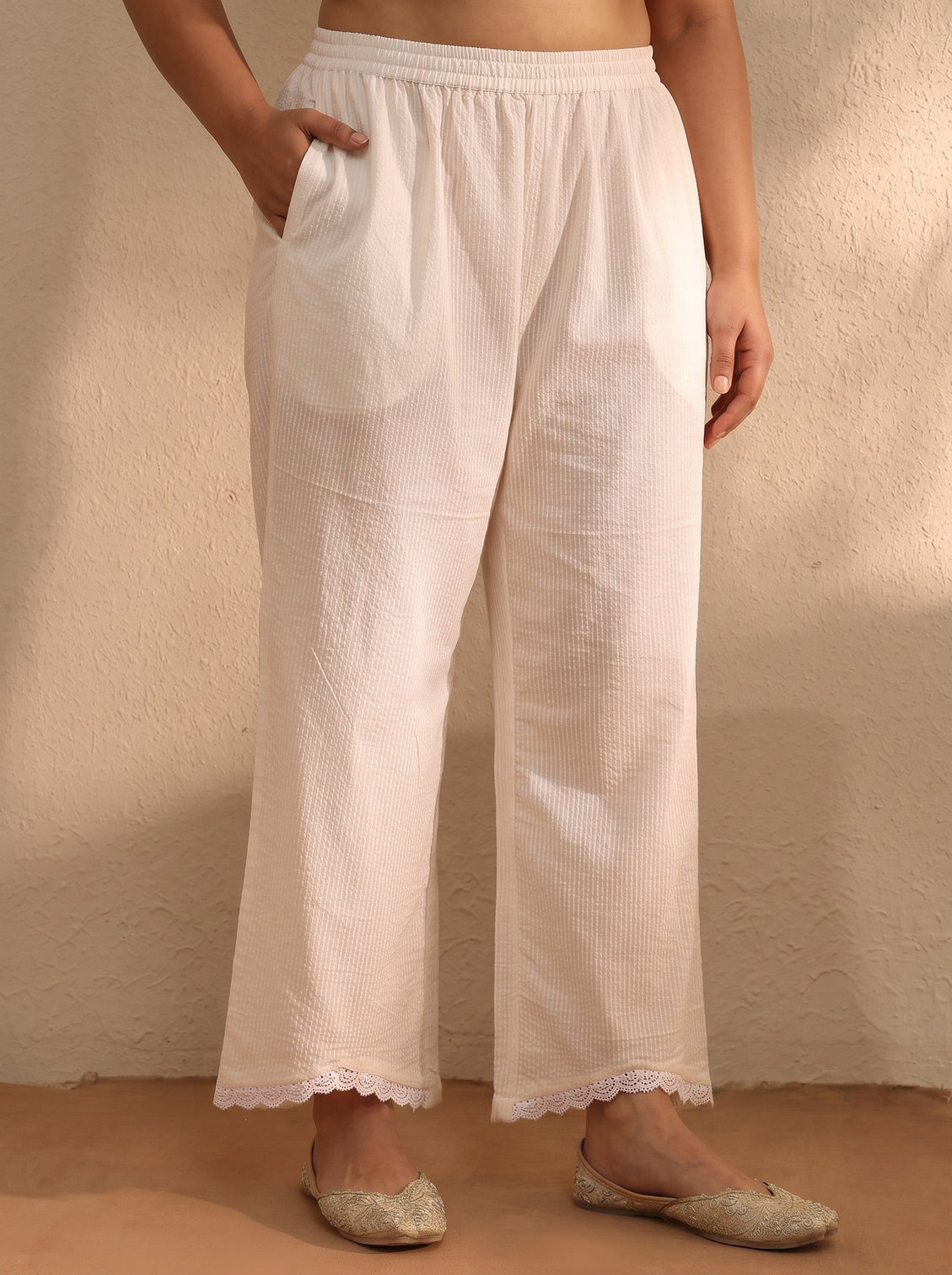 Plus Size White Self Design Cotton Blend Straight Kurta Set