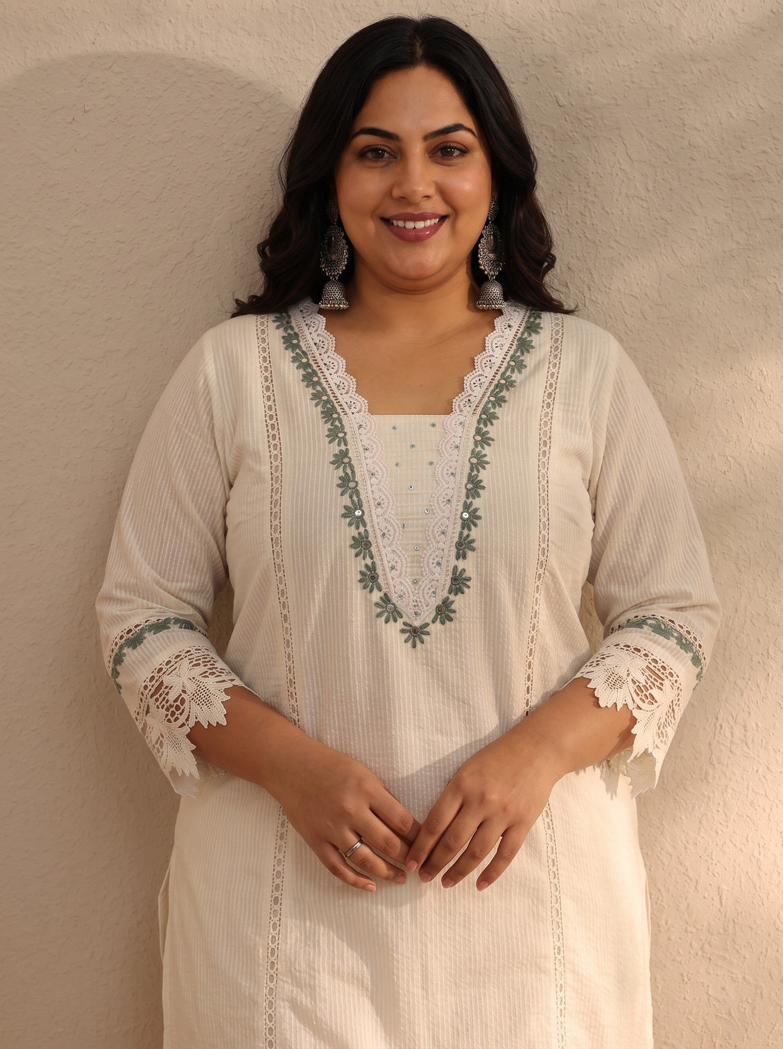 Plus Size White Self Design Cotton Blend Straight Kurta Set