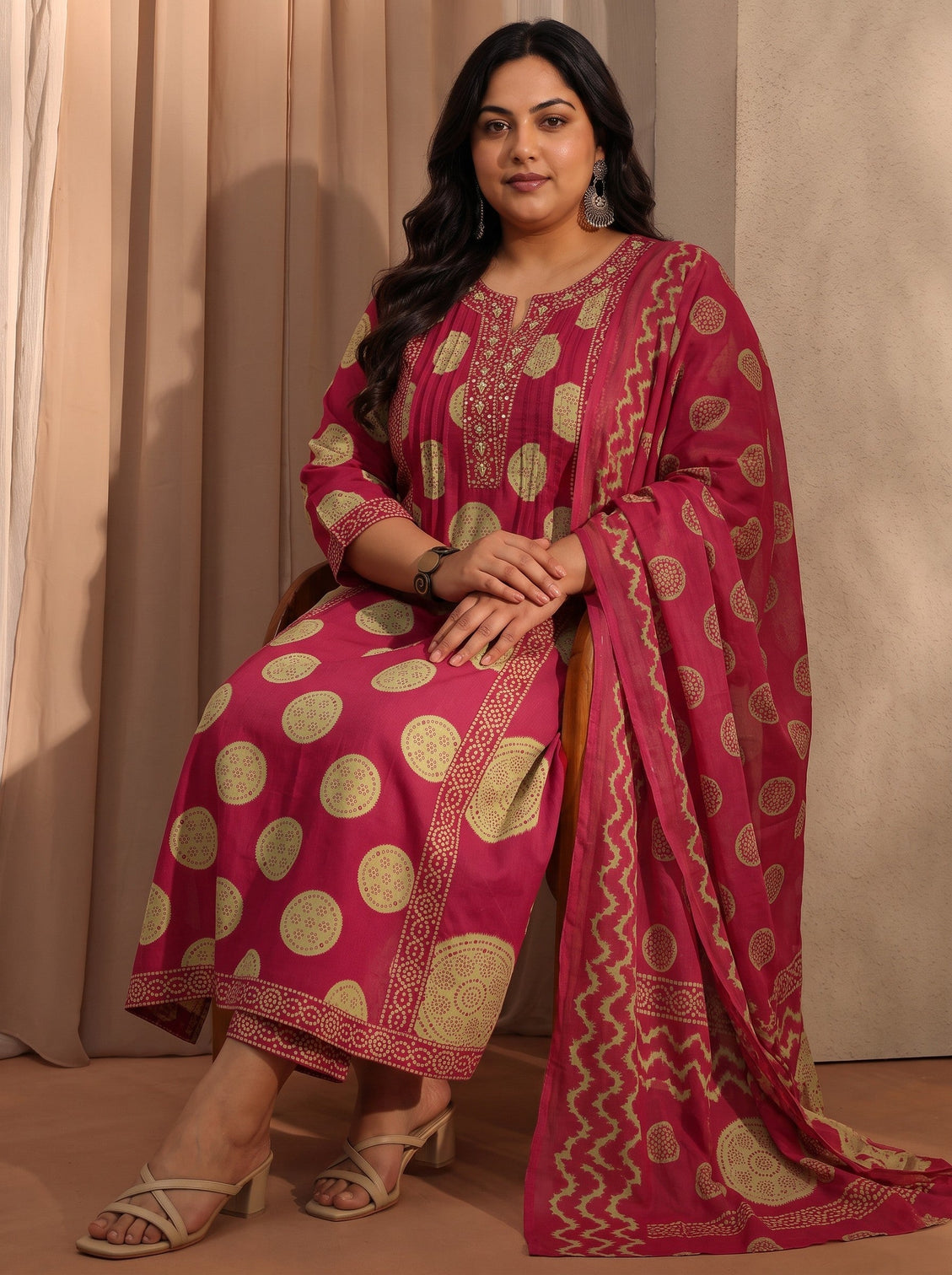 Plus Size Red Bandhani Printed Cotton Blend A-Line Suit Set With Dupatta