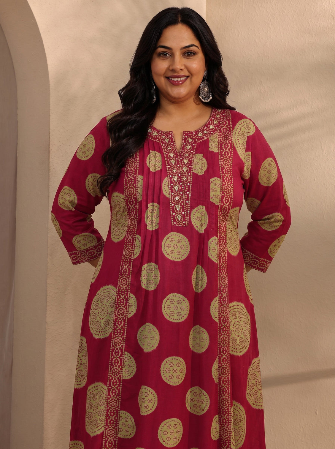 Plus Size Red Bandhani Printed Cotton Blend A-Line Suit Set With Dupatta