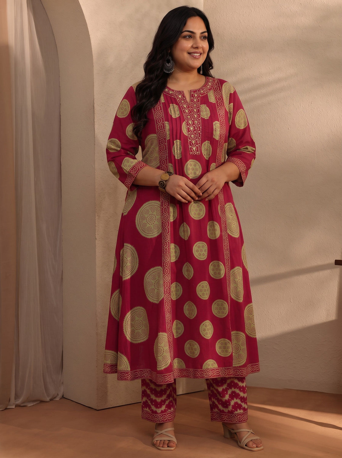 Plus Size Red Bandhani Printed Cotton Blend A-Line Suit Set With Dupatta