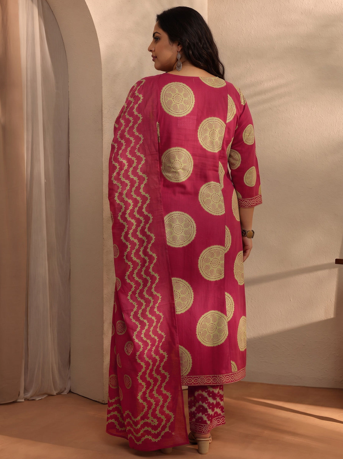 Plus Size Red Bandhani Printed Cotton Blend A-Line Suit Set With Dupatta