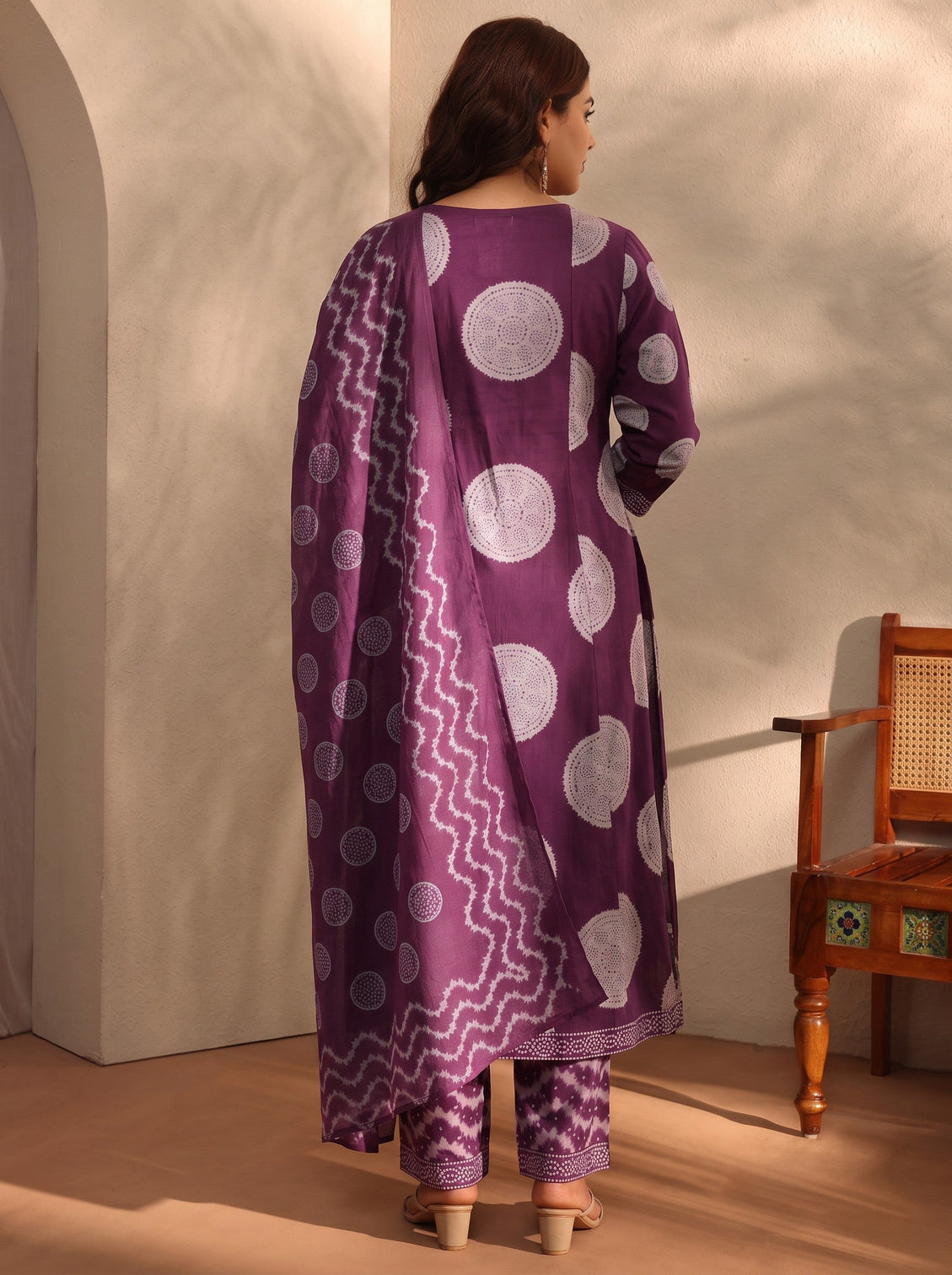 Plus Size Burgundy Bandhani Printed Cotton Blend A-Line Suit Set With Dupatta
