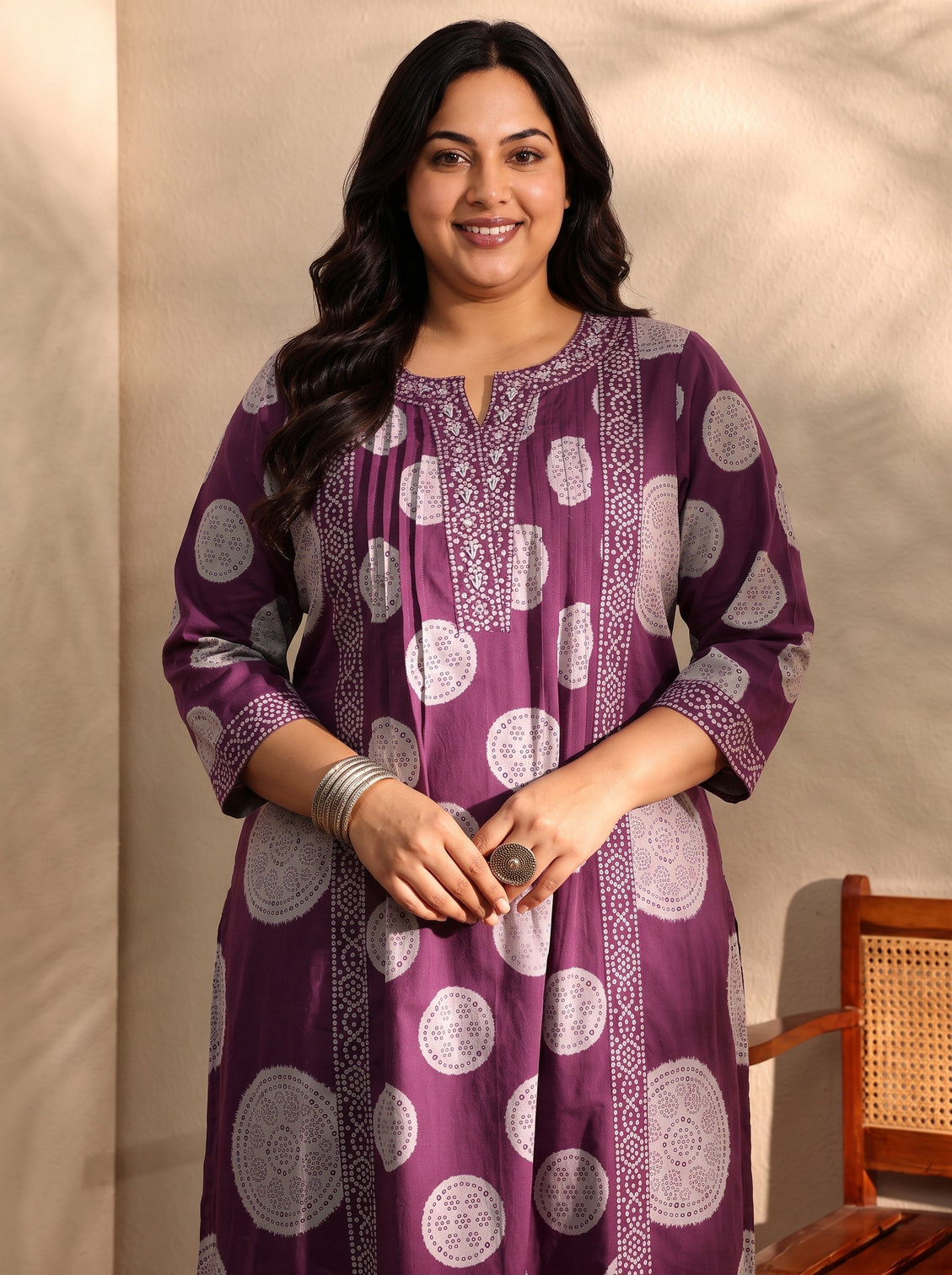 Plus Size Burgundy Bandhani Printed Cotton Blend A-Line Suit Set With Dupatta