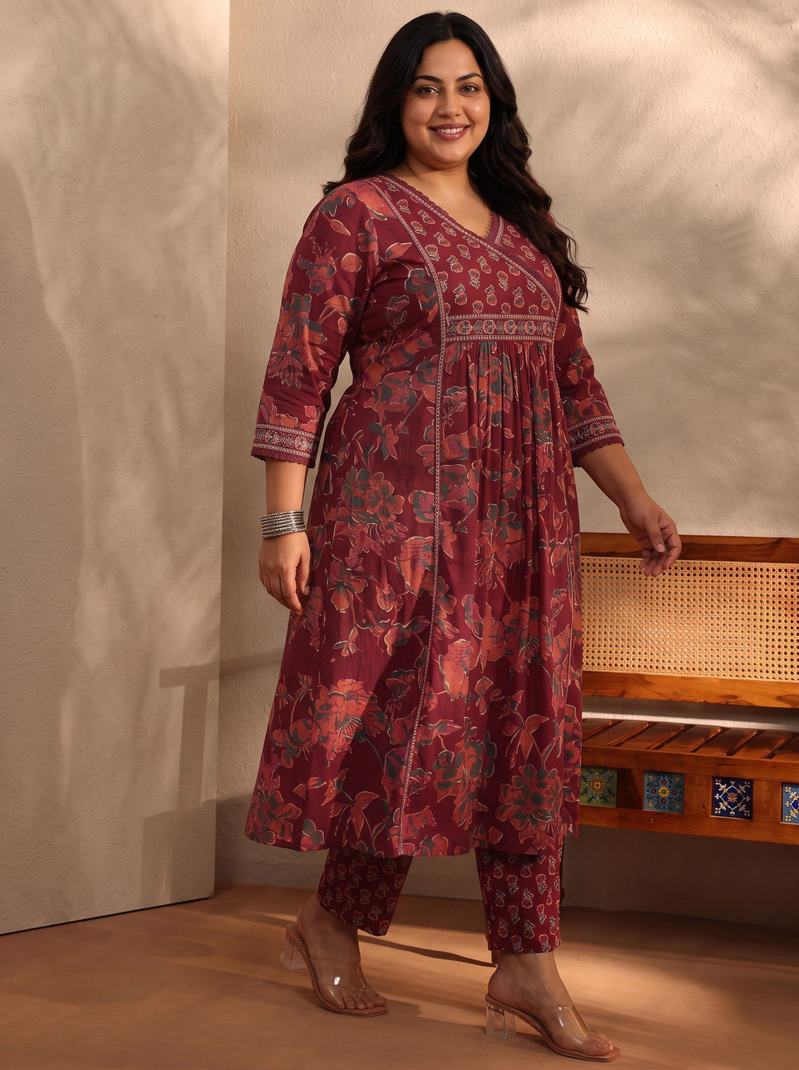 Plus Size Rust Floral Printed Cotton Blend A-Line Suit Set With Dupatta