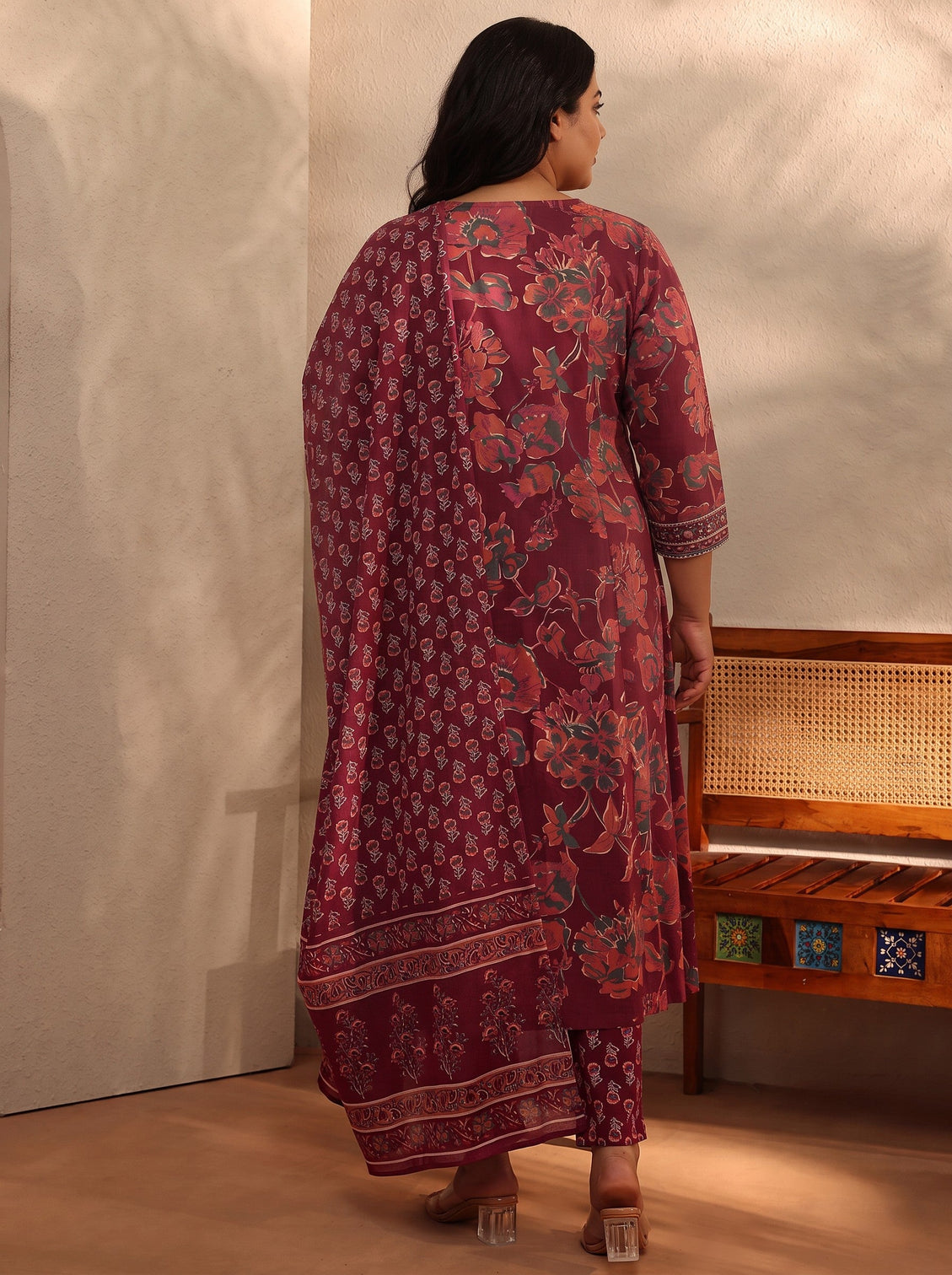 Plus Size Rust Floral Printed Cotton Blend A-Line Suit Set With Dupatta