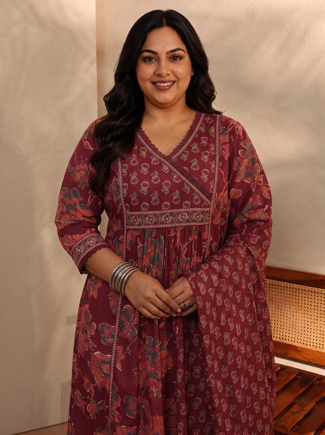 Plus Size Rust Floral Printed Cotton Blend A-Line Suit Set With Dupatta