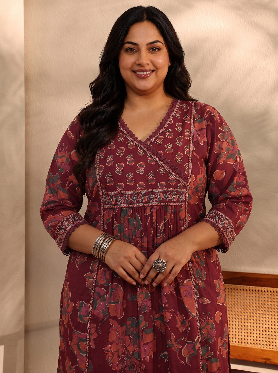 Plus Size Rust Floral Printed Cotton Blend A-Line Suit Set With Dupatta