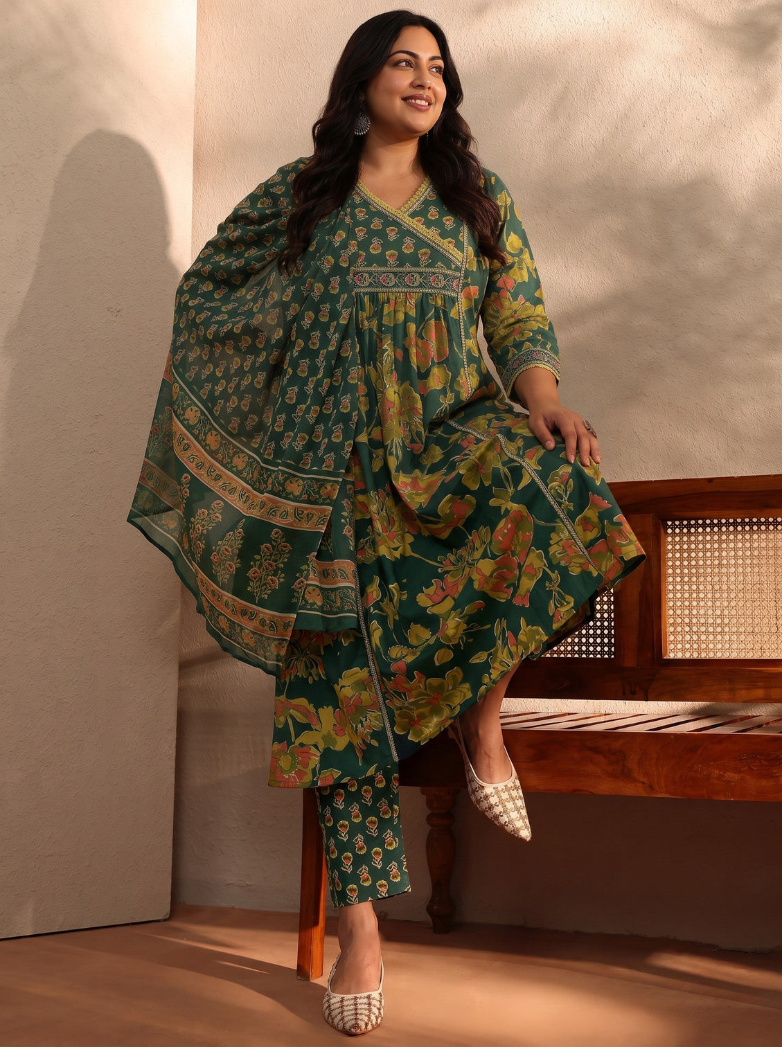 Plus Size Green Floral Printed Cotton Blend A-Line Suit Set With Dupatta