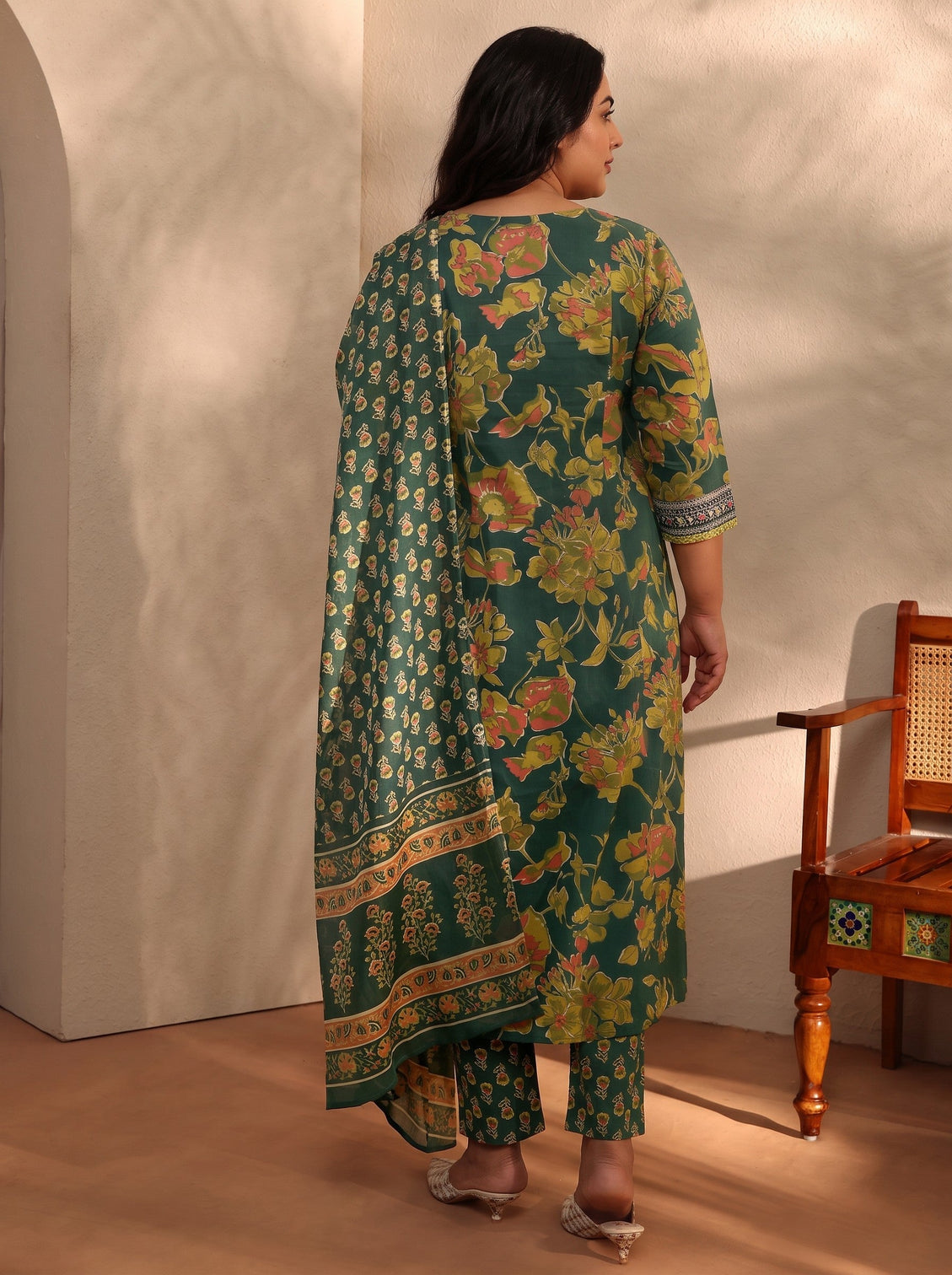 Plus Size Green Floral Printed Cotton Blend A-Line Suit Set With Dupatta