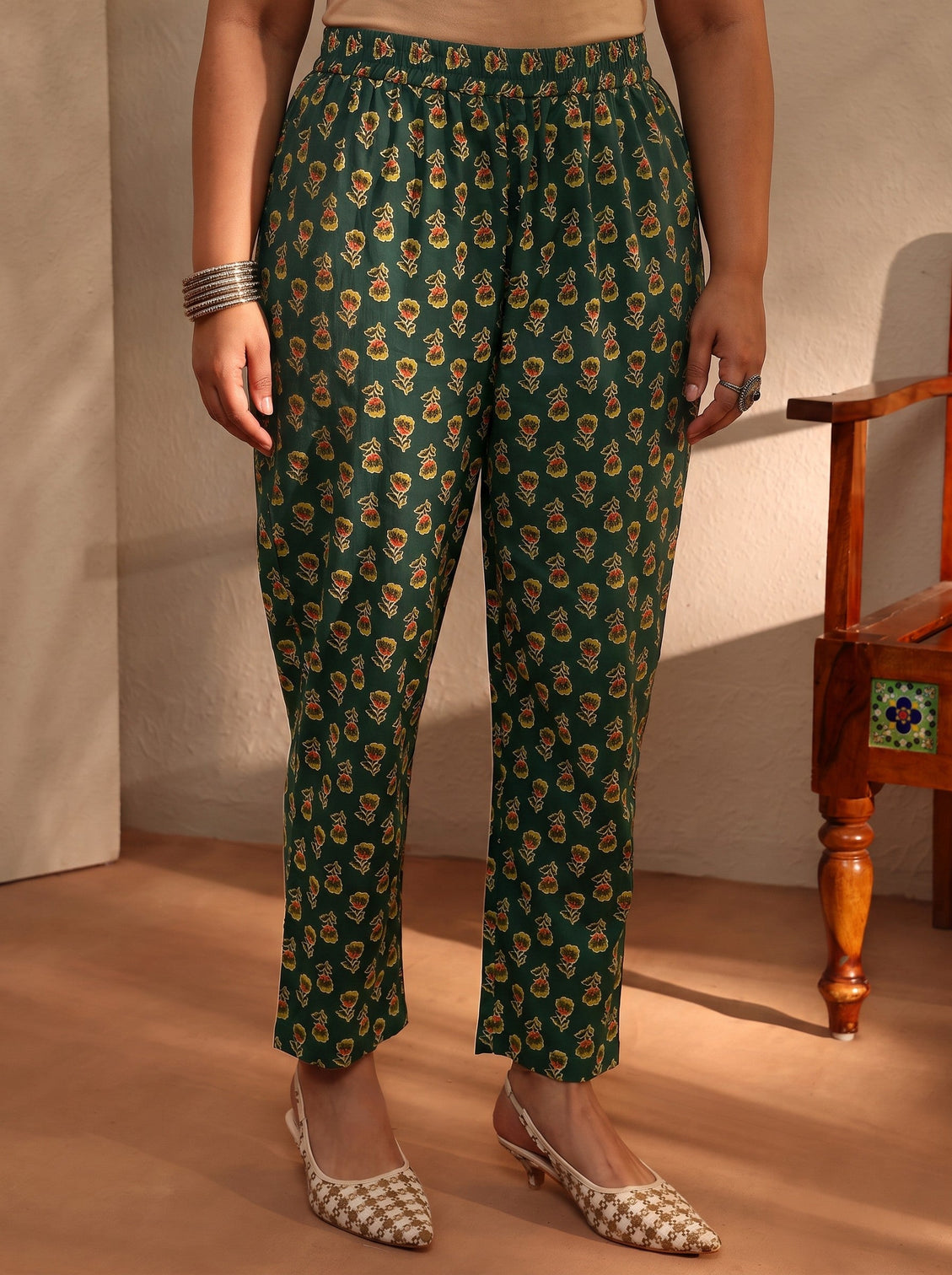 Plus Size Green Floral Printed Cotton Blend A-Line Suit Set With Dupatta
