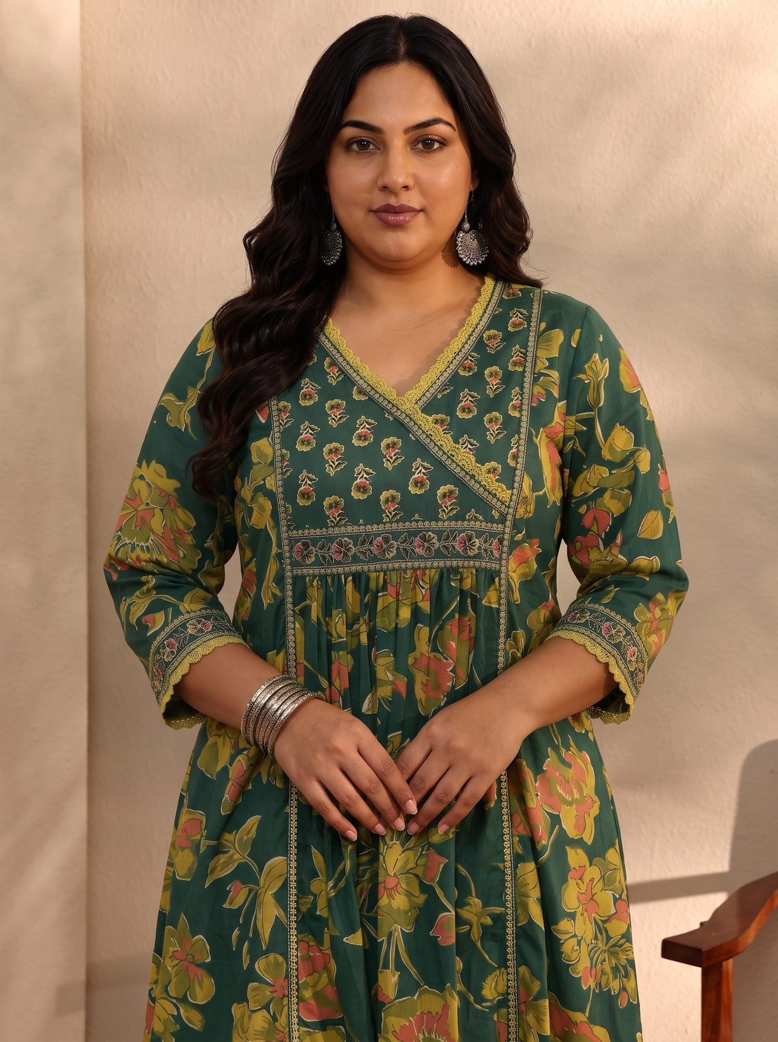Plus Size Green Floral Printed Cotton Blend A-Line Suit Set With Dupatta
