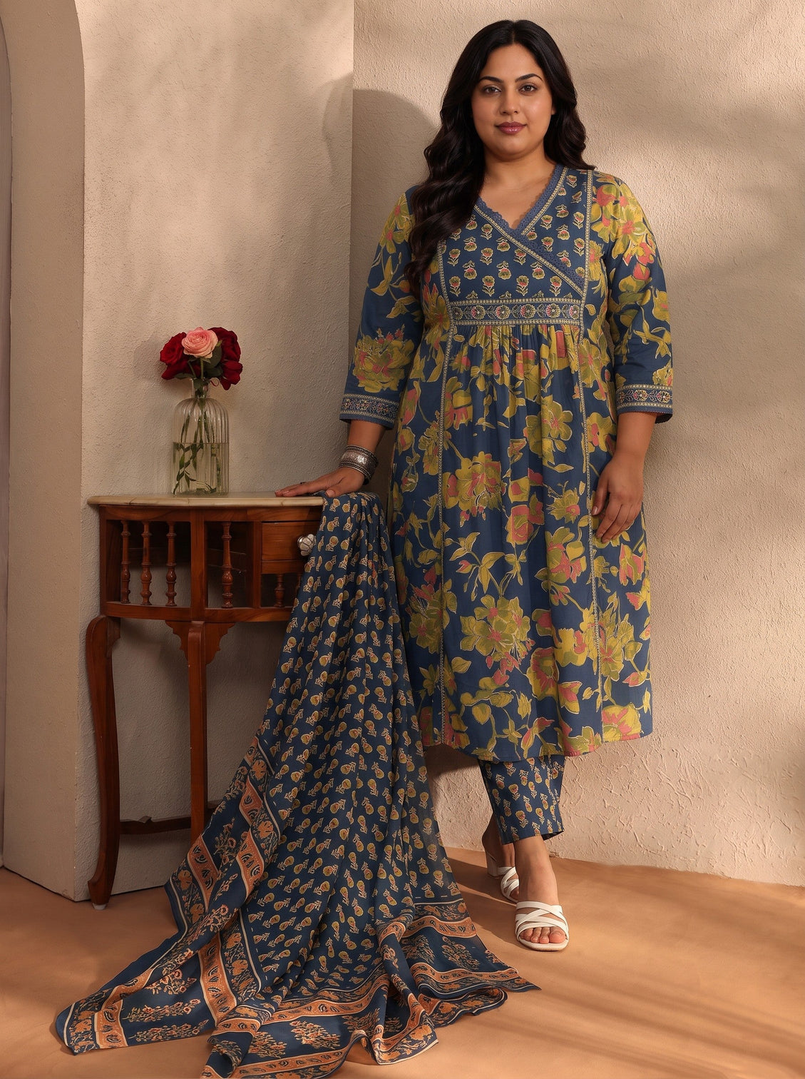 Plus Size Blue Floral Printed Cotton Blend A-Line Suit Set With Dupatta