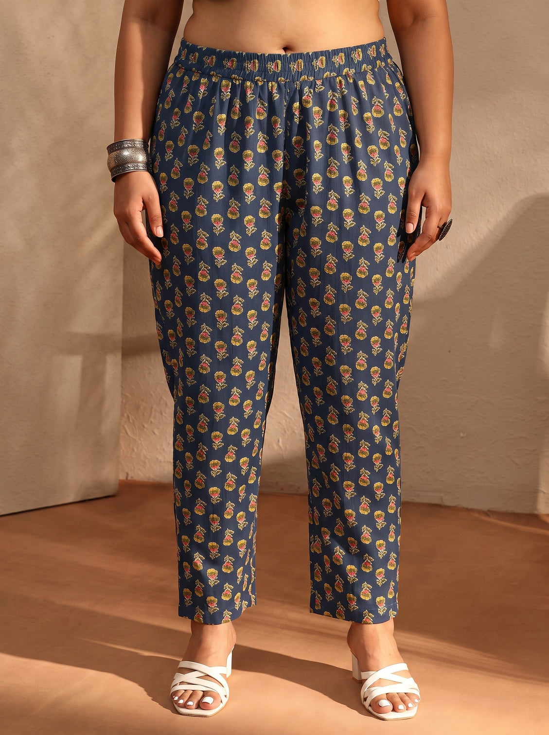Plus Size Blue Floral Printed Cotton Blend A-Line Suit Set With Dupatta