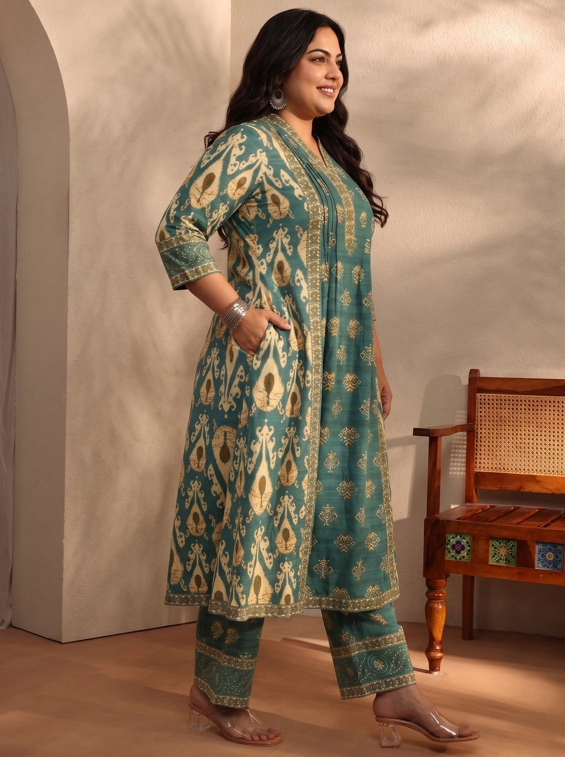 Plus Size Green Floral Printed Cotton Blend A-Line Suit Set With Dupatta