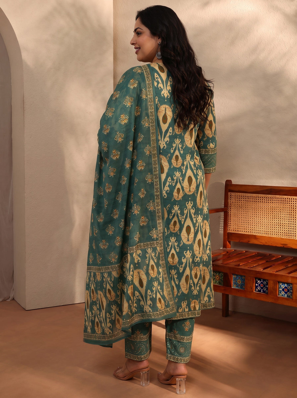 Plus Size Green Floral Printed Cotton Blend A-Line Suit Set With Dupatta