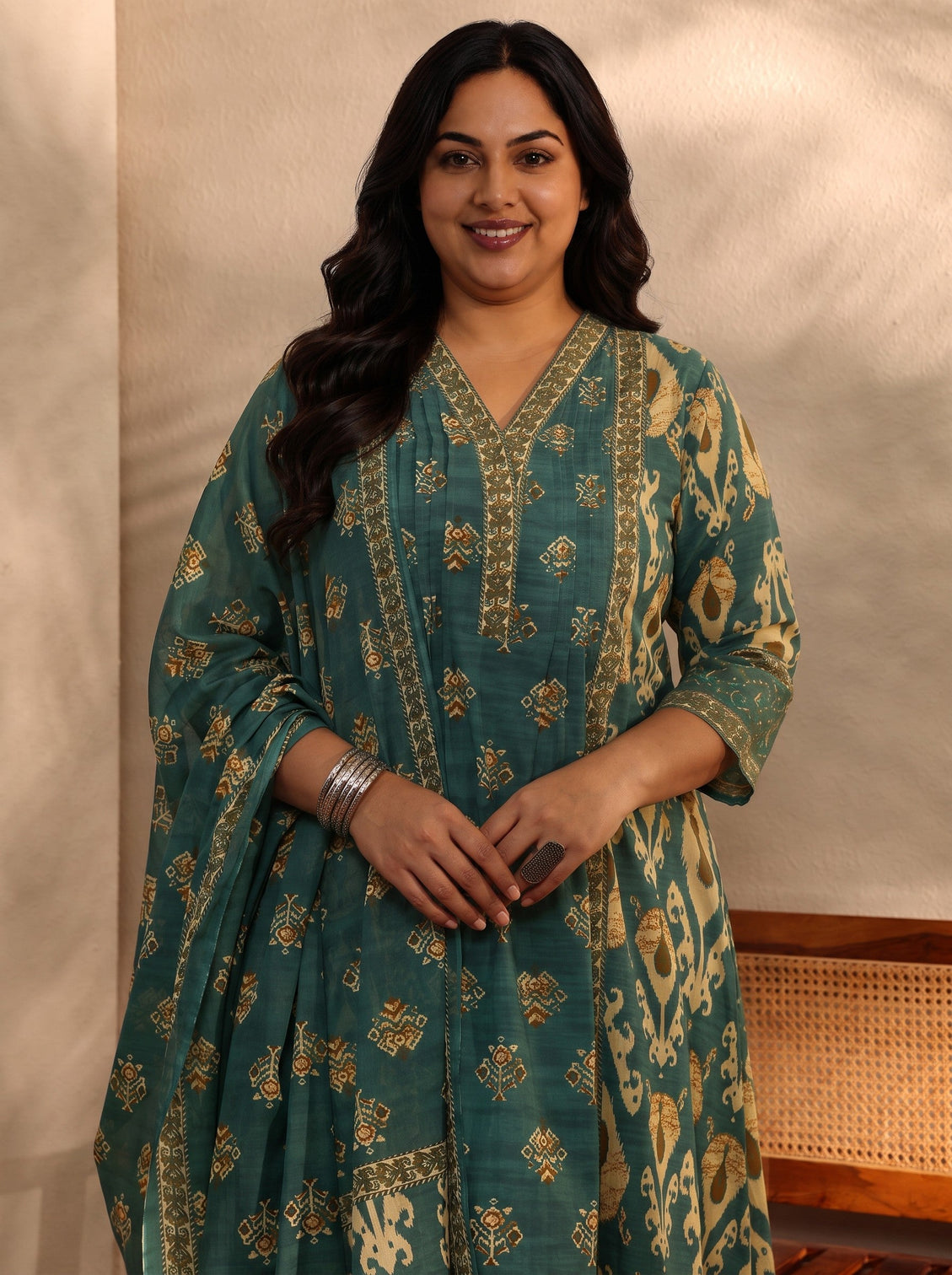 Plus Size Green Floral Printed Cotton Blend A-Line Suit Set With Dupatta