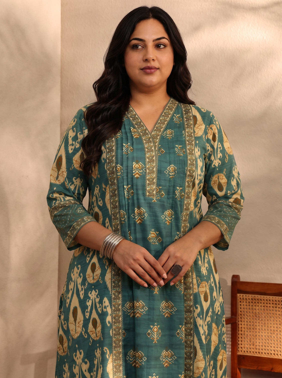 Plus Size Green Floral Printed Cotton Blend A-Line Suit Set With Dupatta