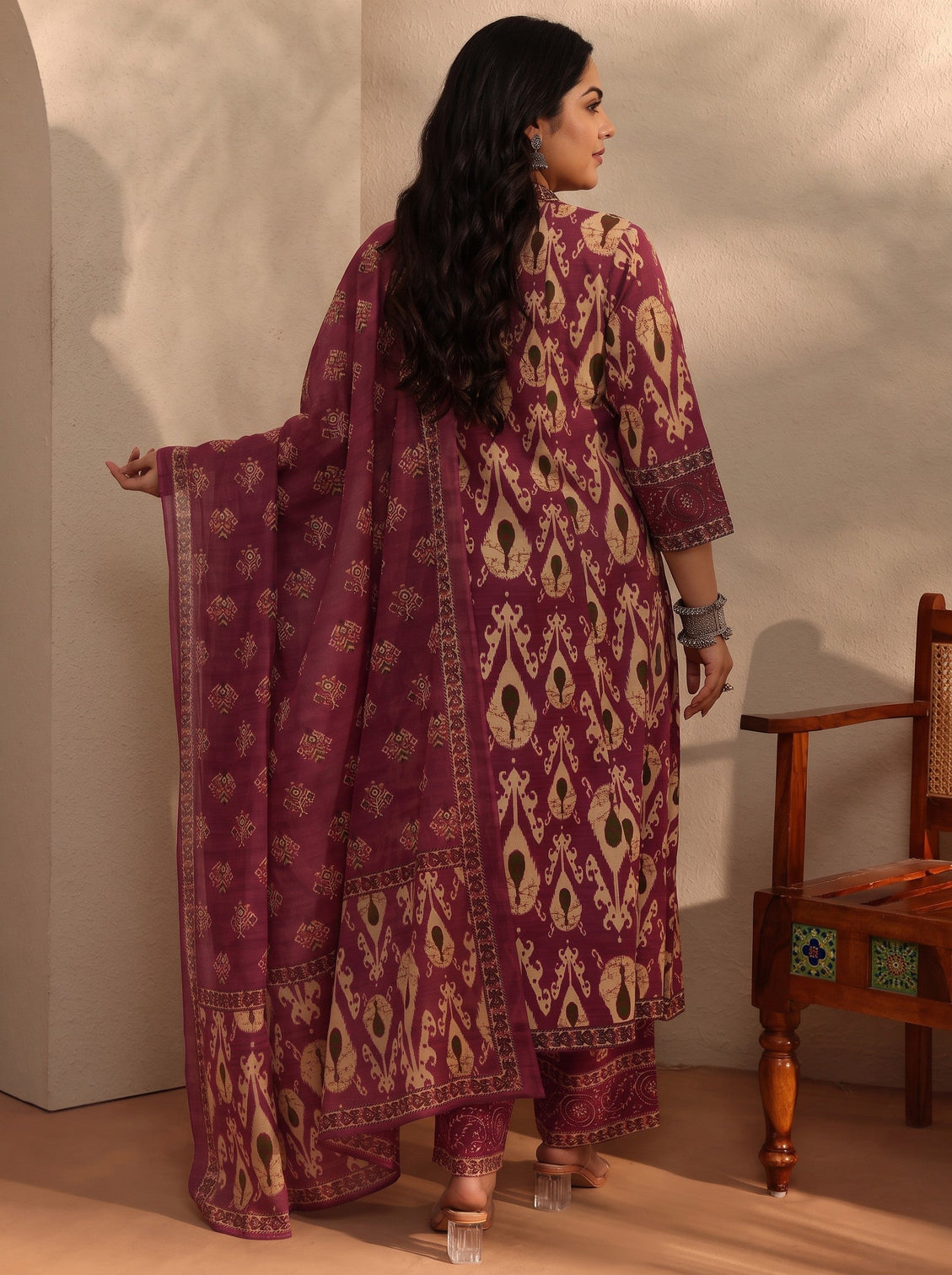 Plus Size Maroon Floral Printed Cotton Blend A-Line Suit Set With Dupatta