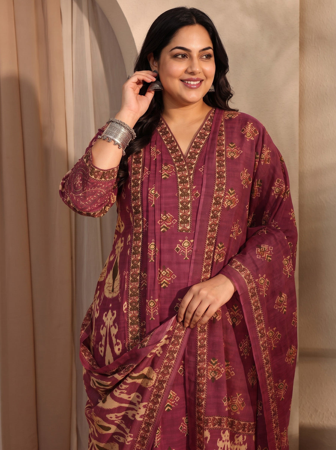 Plus Size Maroon Floral Printed Cotton Blend A-Line Suit Set With Dupatta
