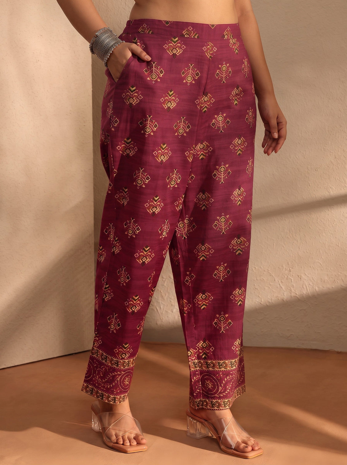 Plus Size Maroon Floral Printed Cotton Blend A-Line Suit Set With Dupatta