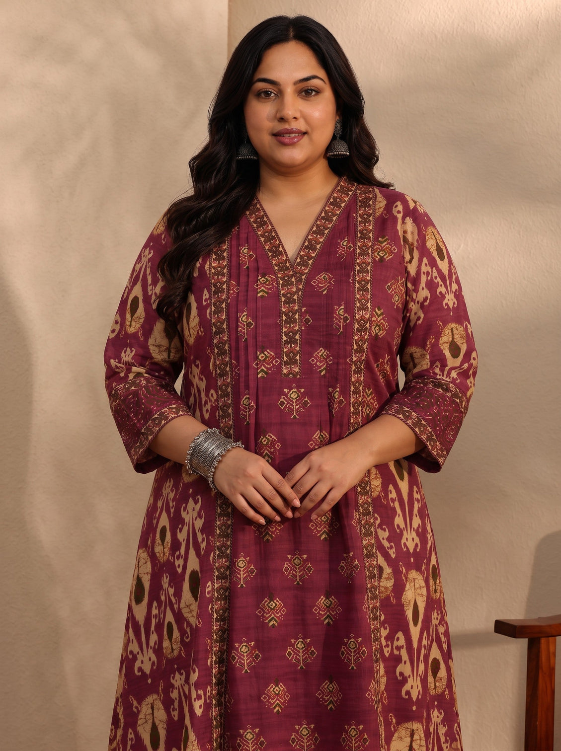 Plus Size Maroon Floral Printed Cotton Blend A-Line Suit Set With Dupatta