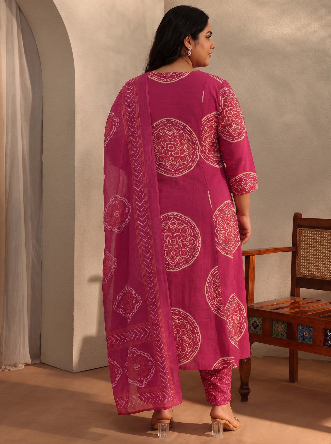 Plus Size Pink Bandhani Printed Cotton Blend A-Line Suit Set With Dupatta