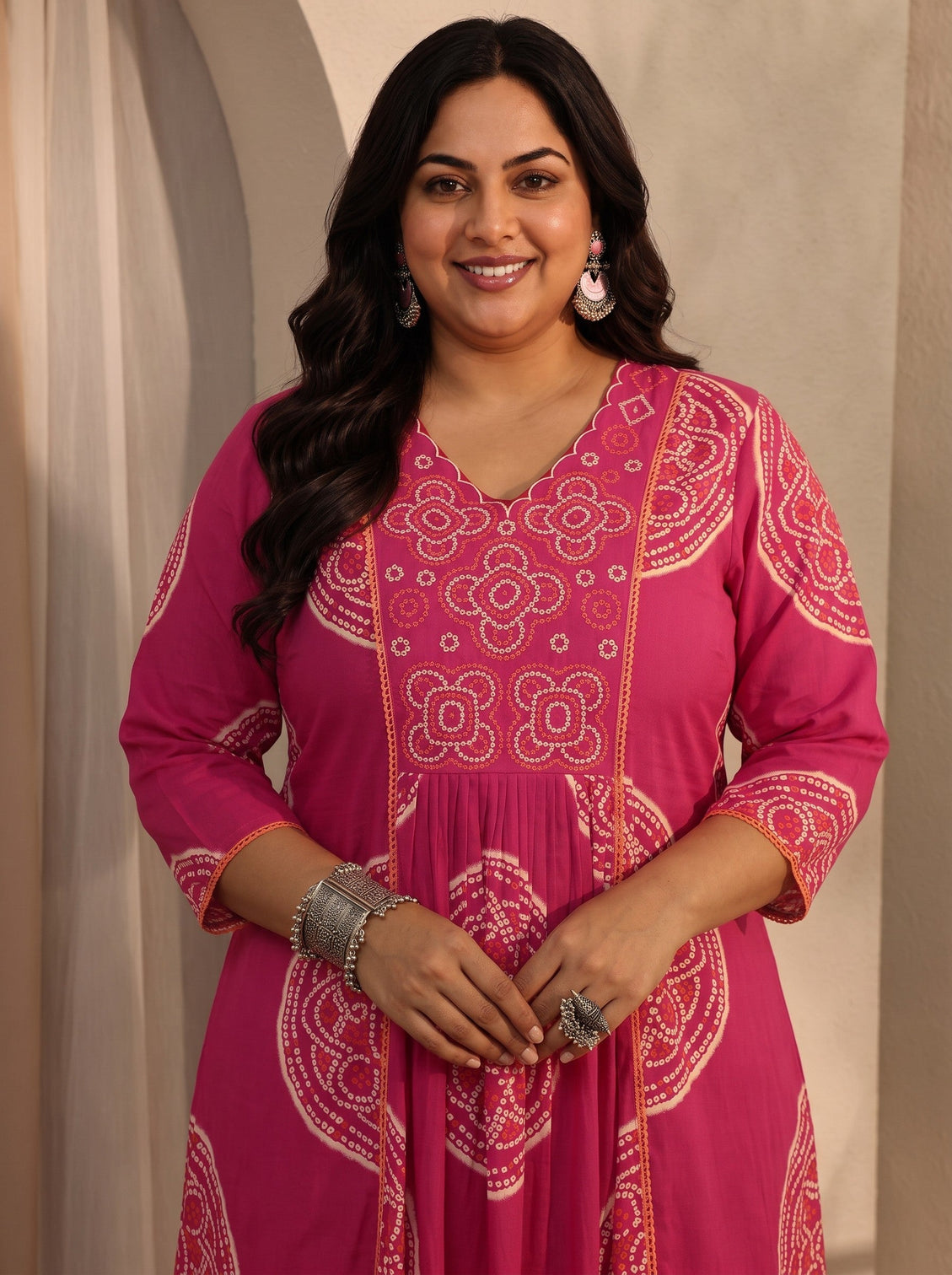 Plus Size Pink Bandhani Printed Cotton Blend A-Line Suit Set With Dupatta